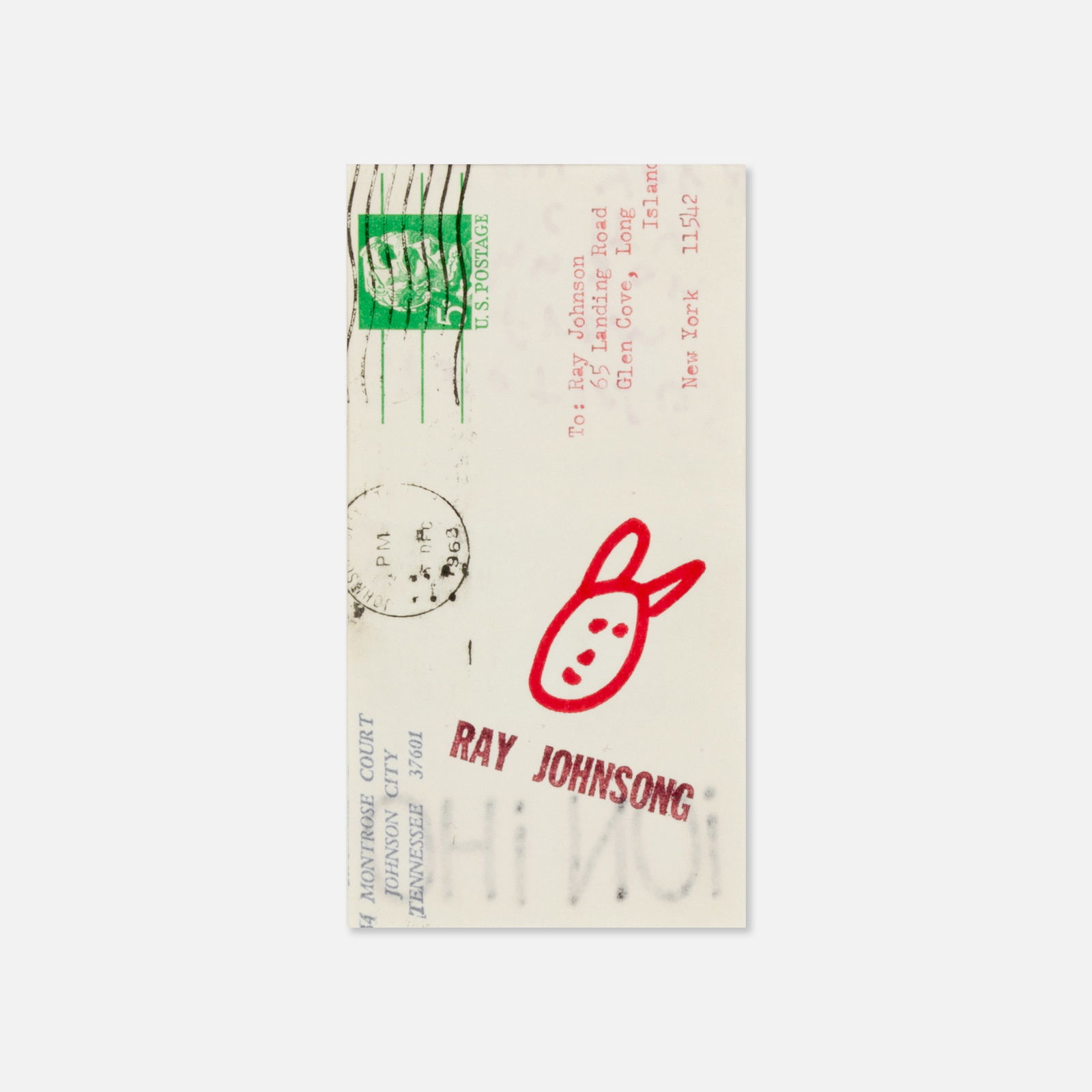 Ray Johnson, Two-Sided Collage with Bunny Drawing: USA, c. 1960s 8 1/2" x 11" mat 5 1/2" x 3 1/4" actual collage, ink, offset print Two-sided postcard Mail Art having collaged elements, with writing in Johnson's hand [Greetings from Johnson City,
