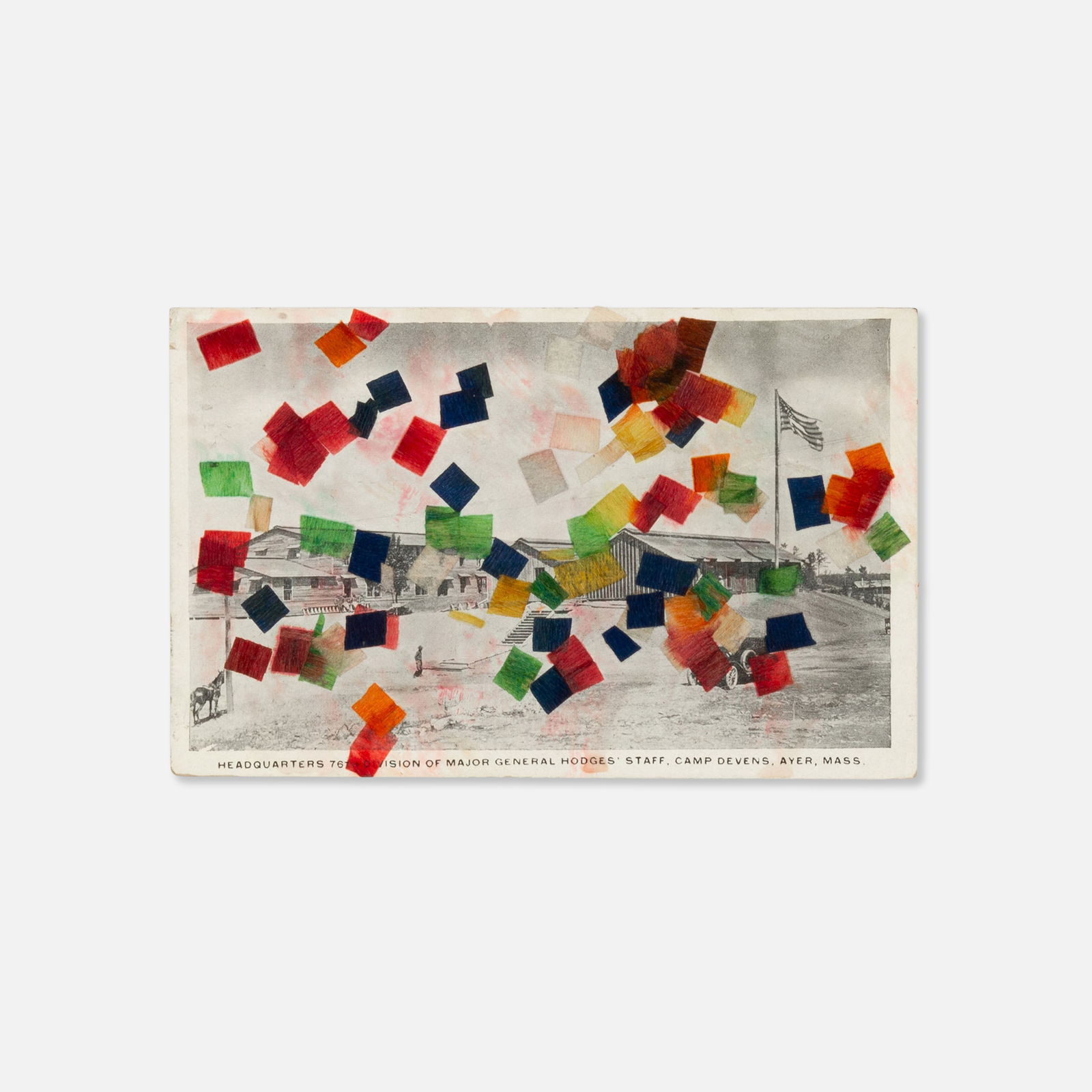 May Wilson, Untitled Collage: USA, 1968 5 1/2" x 3 1/2" cut colored paper affixed to found postcard Comprising cut colored paper affixed to a found postcard, addressed and mailed to [V. Romano 9 Bleecker Street NY, NY 10012]. 