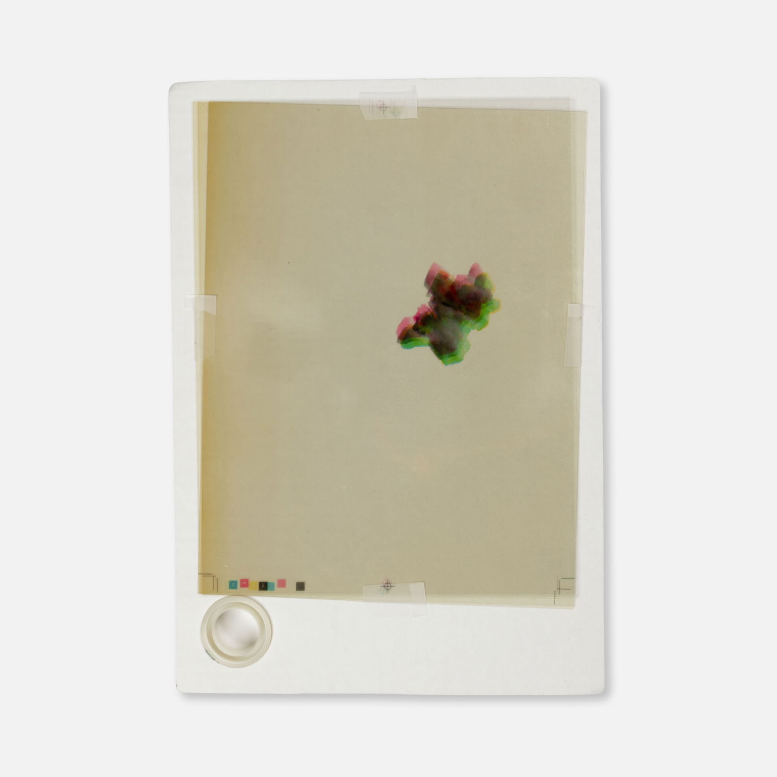 Gabriel Kuri, Pop Implosion: Mexico, 2001 13 3/4" x 9 3/4" UV resistant film, printed cardboard, scotch tape Printed details verso with drawn mounting instructions in ink, and dated with initials in pencil [GK 2001]. Gabriel