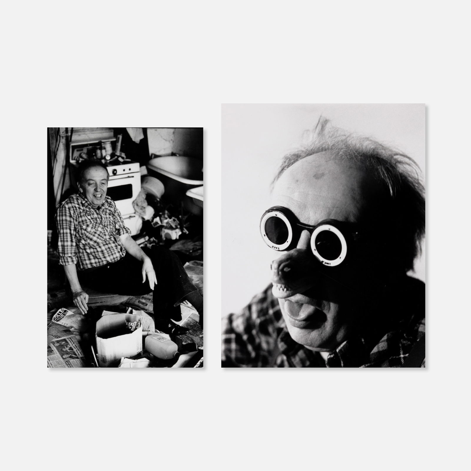 Raymond Foye, Gary Goldberg, Two Photographs of Taylor Mead: USA, 1986 8" x 10" each sheet vintage silver prints Left: Photograph of Taylor Mead by Raymond Foye, with photographer's credit and handwritten date [1986], with affixed Village Voice description. 