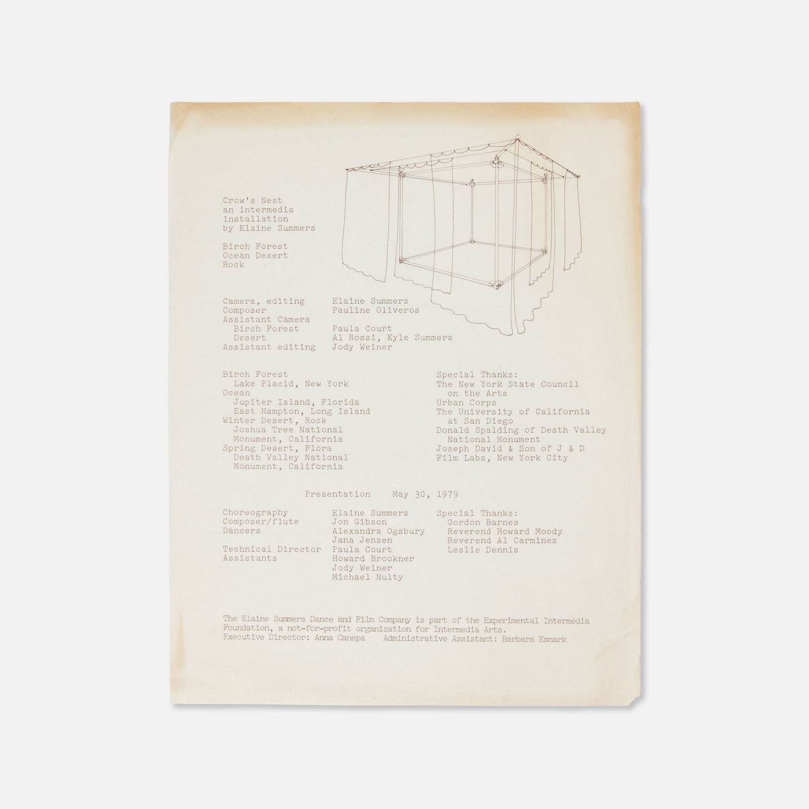 Elaine Summers, Experimental Intermedia Foundation, Crow's Nest Flyer: USA, 1980 8 1/2" x 11" offset print Announcing a performance of Crow's Nest by Elaine Summers at the Experimental Intermedia Foundation, which featured music by Pauline Oliveros and film