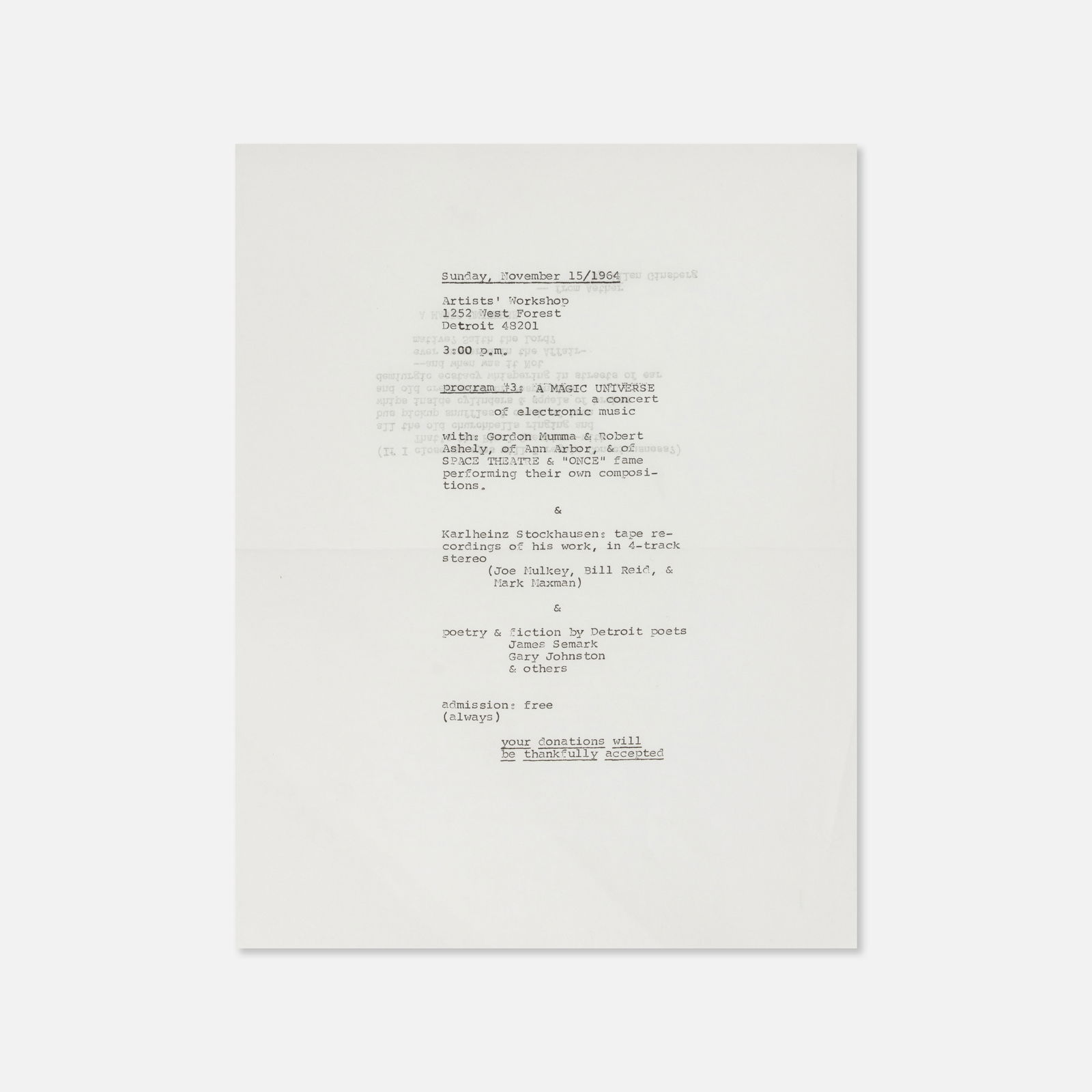 Karlheinz Stockhausen, Robert Ashley, et al., Artists' Workshop, Two-Sided Program: USA, 1964 8 1/2" x 11" offset print Two-sided program for shows at Artists' Workshop in Detroit featuring Karlheinz Stockhausen, Robert Ashley, et al. The document serves as a record of