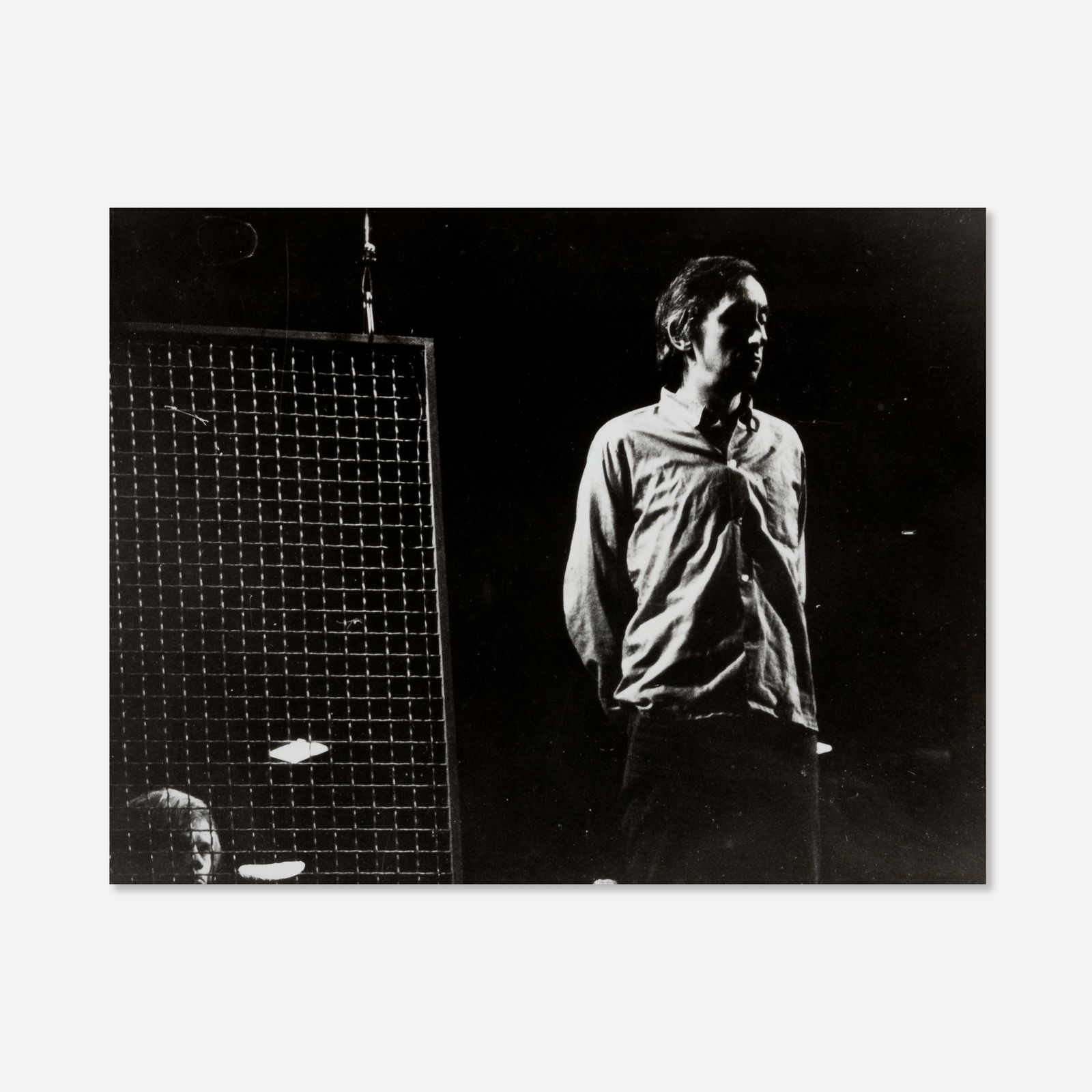 Press Photograph, Robert Wilson, George Ashley in The Jail Play: USA/France, 1972 8" x 10" vintage silver print Verso with Performing Artservices, Inc. paper label and typed description [George Ashley in "The Jail Play" one act of Robert Wilson's Overture, Opera Co