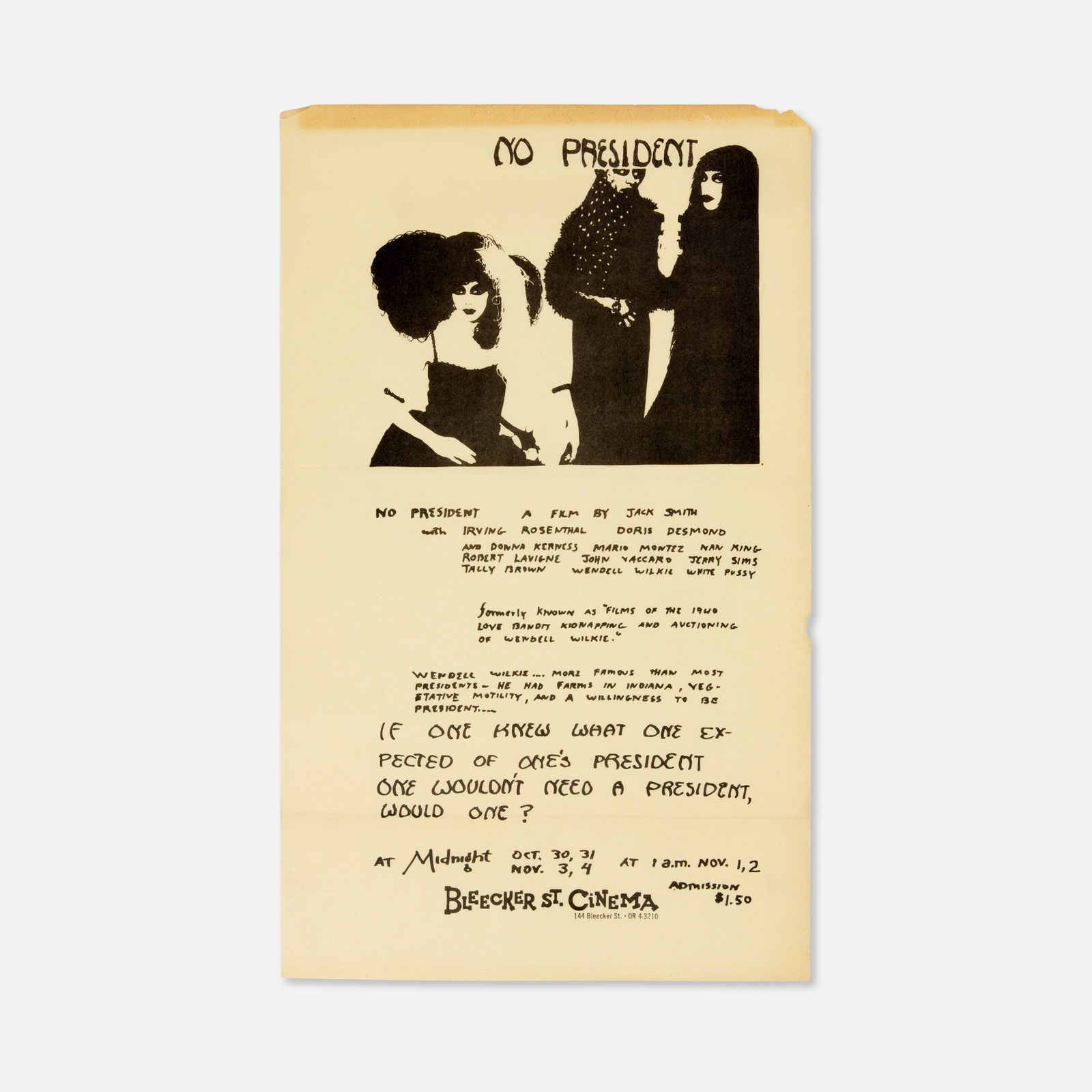 Jack Smith, Bleecker St. Cinema, No President Screening Flyer (1 of 1)