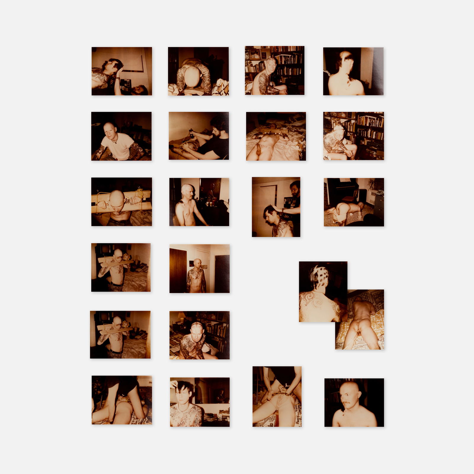 Fetish, Tattoo, Twenty-Two Photographs: USA, c. 1990s 4” x 4 7/8” c-prints Twenty-two photos, including one duplicate, of tattooed punks drinking, and shaving each other in the nude. This item is located in our Treadwell, NY war