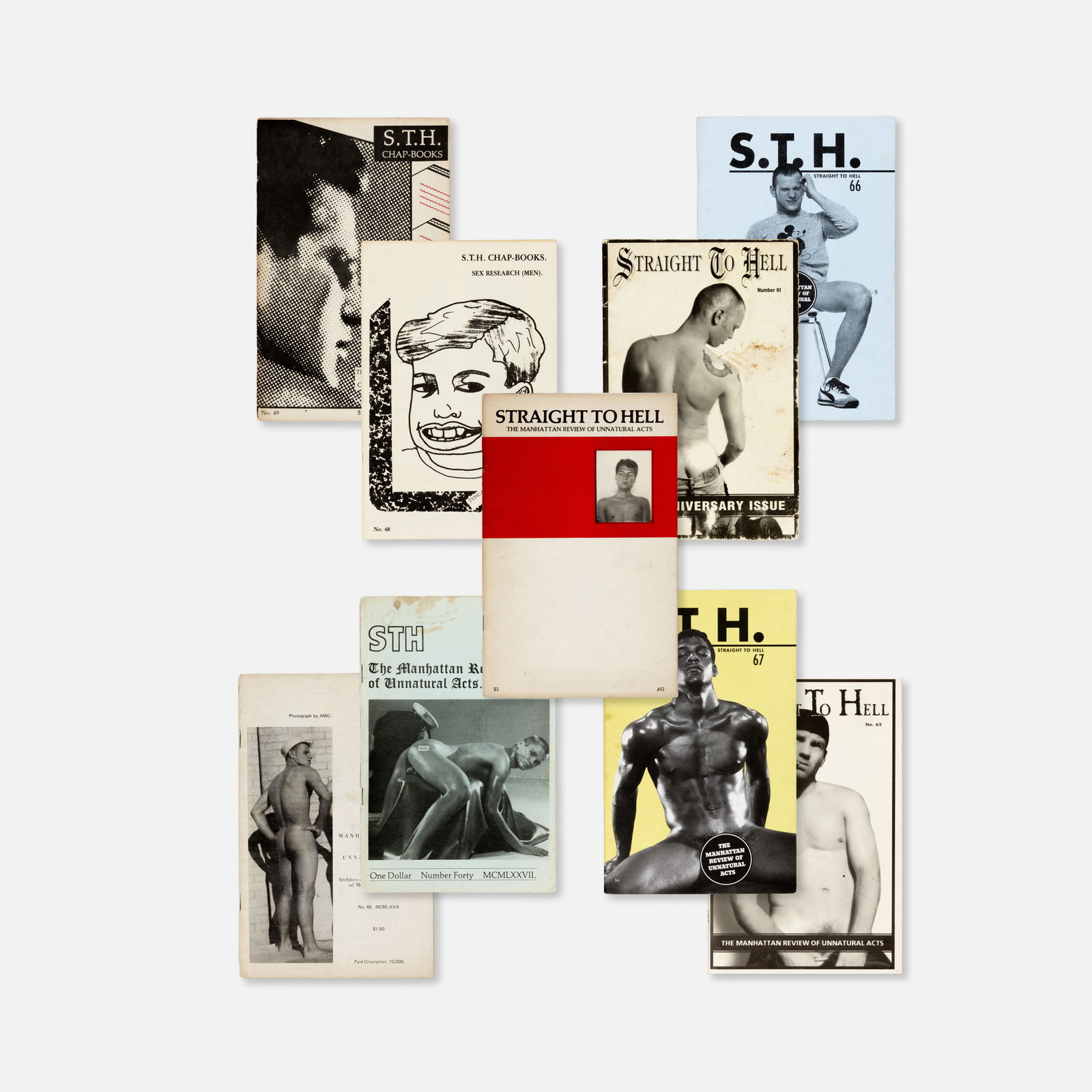 Straight To Hell, The Manhattan Review of Unnatural Acts, Nine Issues: USA, 1970s-80s 8 3/8” x 5 1/2” each printed matter Issues No. 40, 46, 48, 49, 52, 61, 62, 66 and 67. Founded by Boyd McDonald in 1973, Straight To Hell (often subtitled The Manhattan Revie