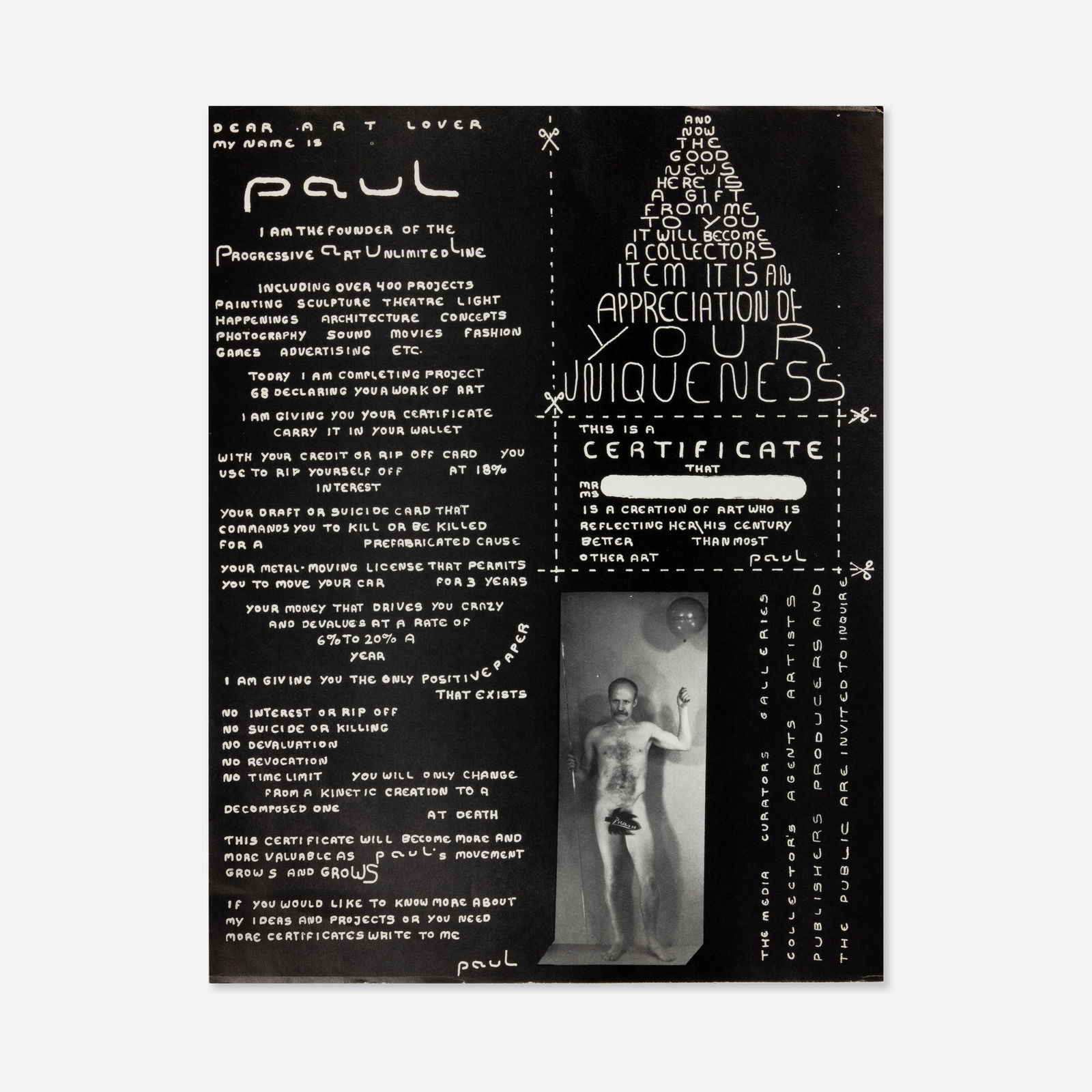 PAUL (Progressive Art Unlimited Line), Paul's Kinetic Manifesto, Mail Art (1 of 3)