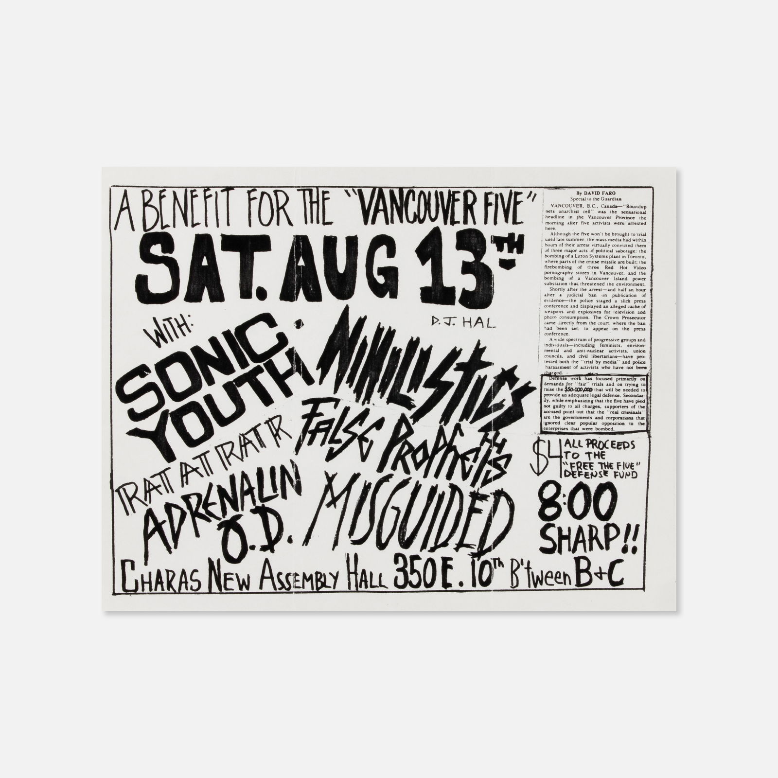 Sonic Youth, Nihilistics, et al., A Benifit for the Vancouver Five, Flyer (1 of 1)