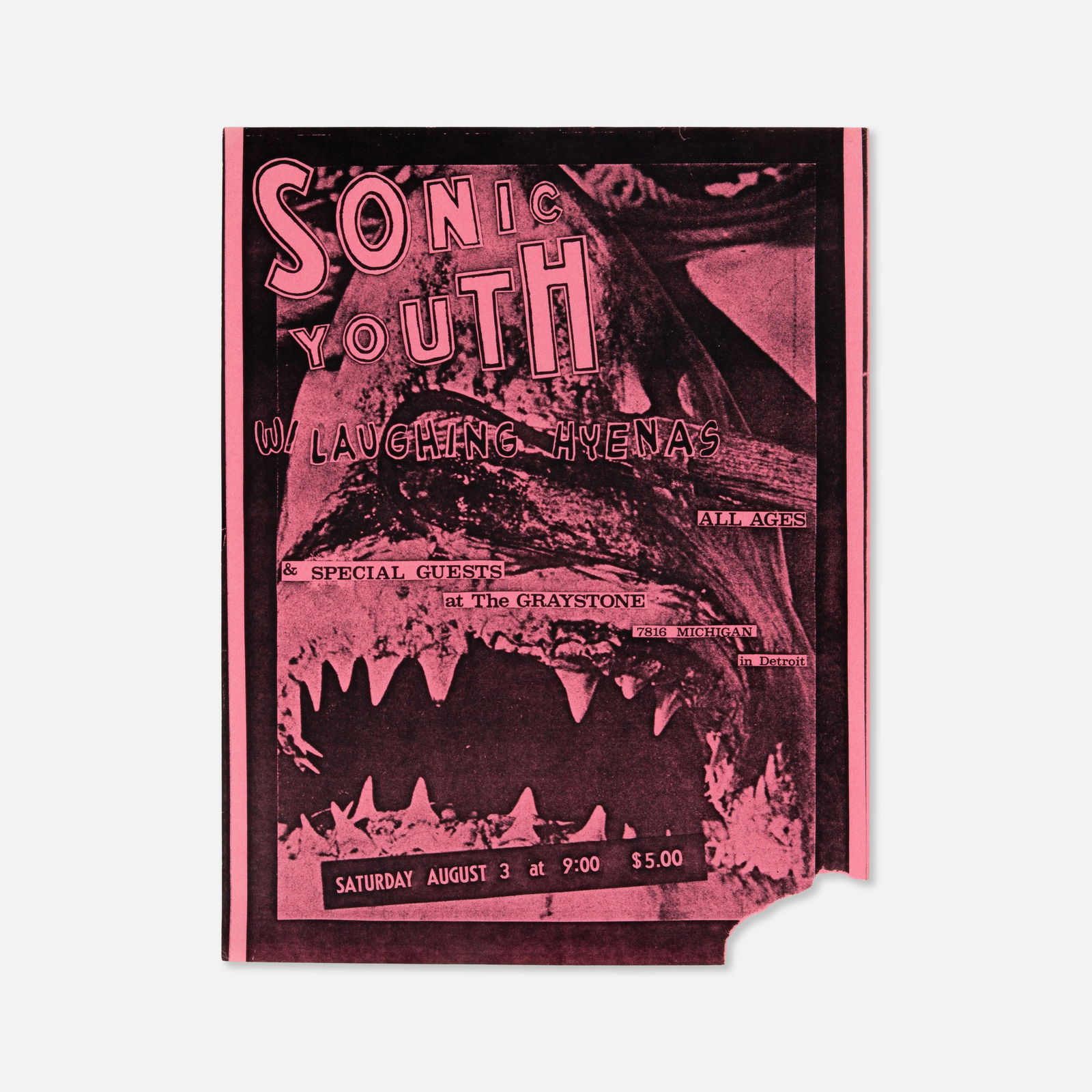 Sonic Youth, The Laughing Hyenas, Flyer: USA, 1991 8 1/2" x 11" offset print Promoting a performance by Sonic Youth and the Laughing Hyenas at the State Theatre in Detroit. The show occurred on Saturday, August 3, 1991, during Sonic Youth's