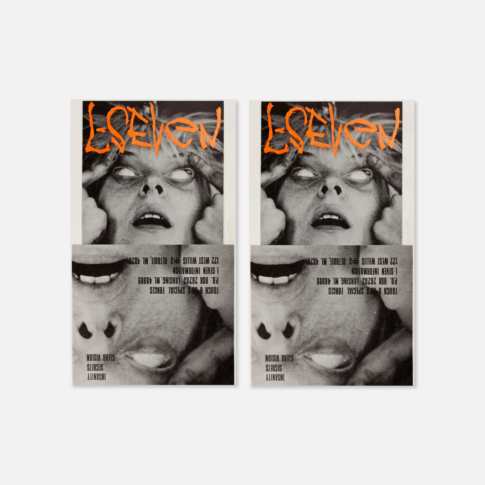 L-Seven, Two Album Flats: USA, c. 1982–1983 14 5/8" x 8 1/2" offset prints Flats for L-Seven's self-titled release, on Touch & Go records. L-Seven (1980–1983) featured the vocals of Larissa Strickland, who later gained fur