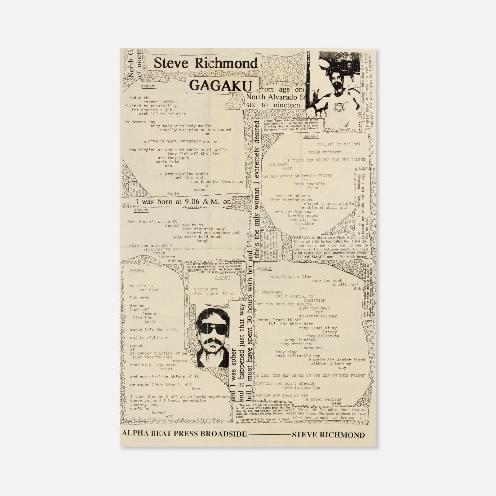 Steve Richmond, Gagaku Broadside: USA, 1994 17" x 11" offset printed Double-sided broadside published by Alpha Beat Press featuring selections from a long-running series of poems inspired by the structures of traditional Japanese cour