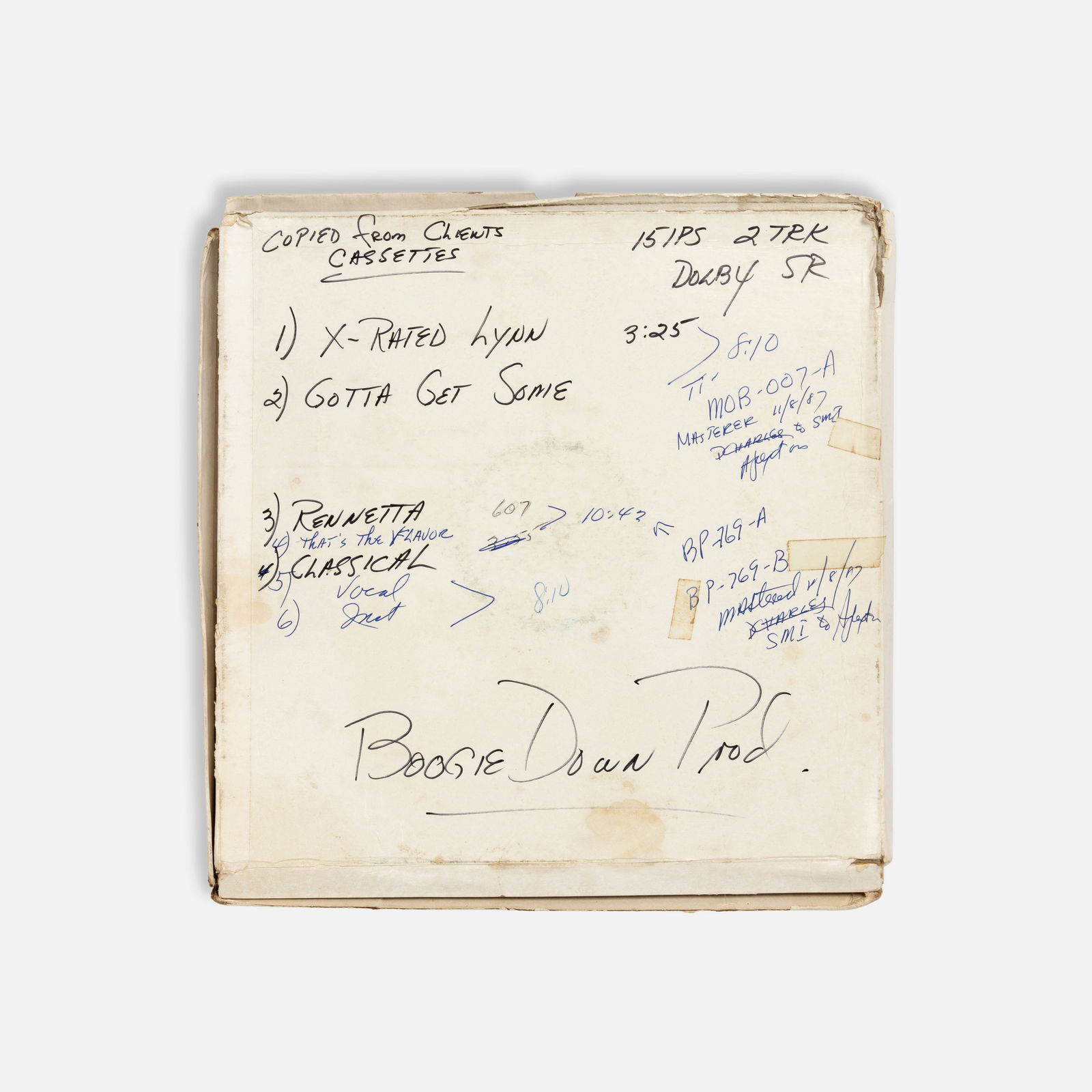 Boogie Down Productions, Tape Reel: USA, c. 1980s 11" x 11" magnetic tape, cardboard, ink Reel-to-reel tape containing a series of tracks produced by Boogie Down Productions, including "X-Rated Lynn," "Gotta Get Some," by Gee & Jay. Boo