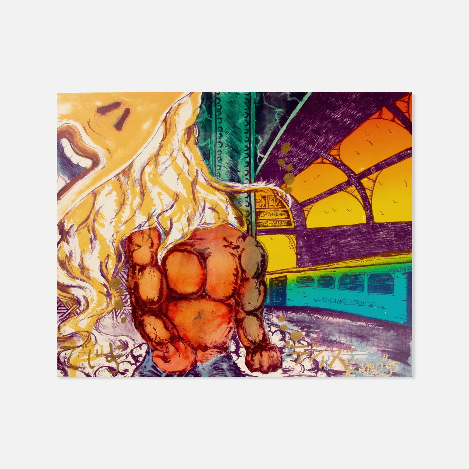 Daze (Chris Ellis), Untitled (NYC): USA, 1985 28 1/8" x 35 1/8" lithograph with hand-coloring Signed and dated lower right recto, from the edition of 45. Chris "Daze" Ellis (American, b. 1962) is an influential painter and graffiti