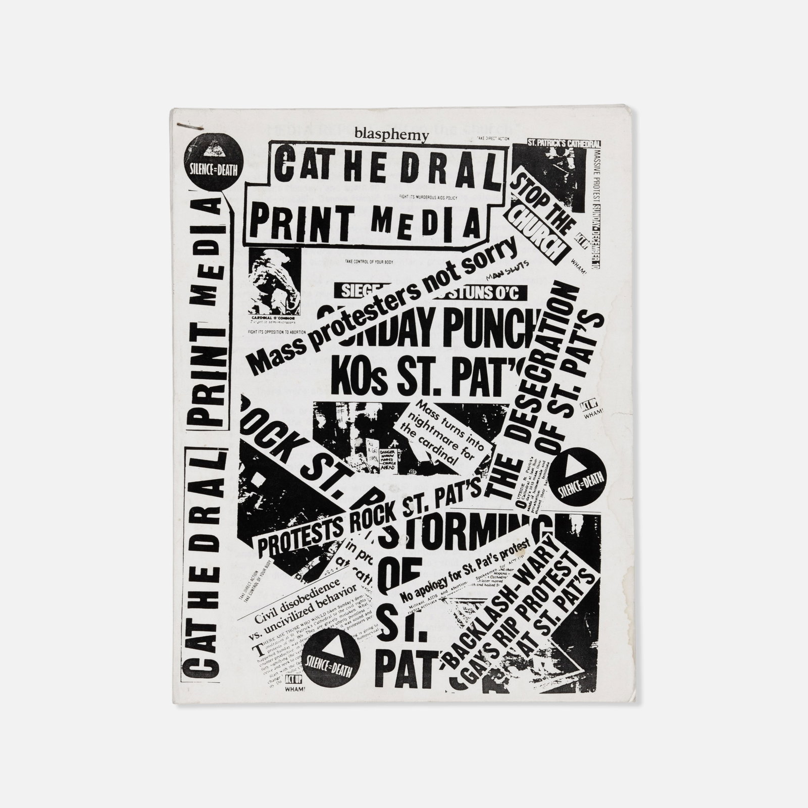 Act UP, WHAM, Stop the Church Press Packet: USA, 1989 8 1/2" x 11" printed matter Press documentation packet recording the media fallout and public reception of the historic "Stop the Church" demonstration at St. Patrick's Cathedral on