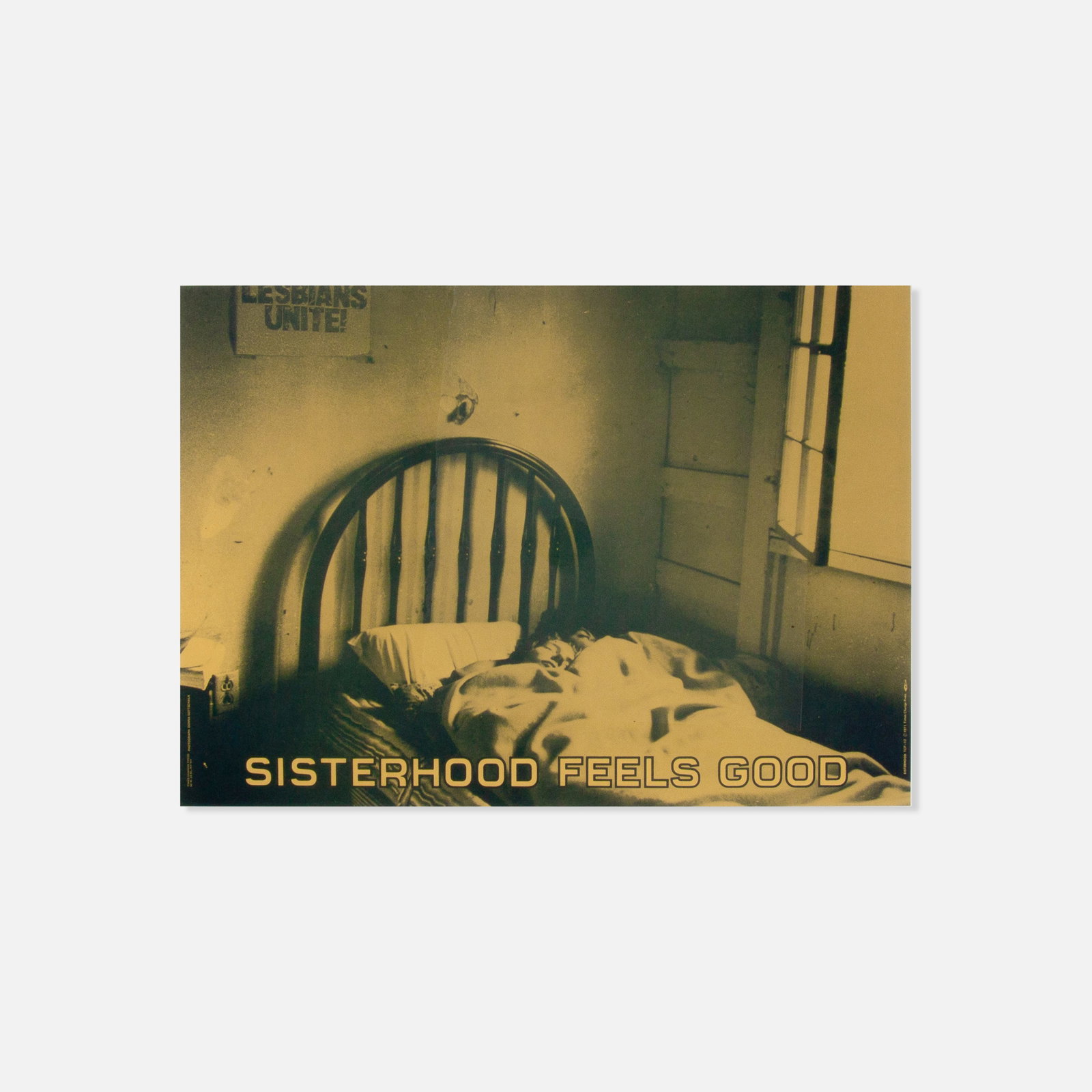 Donna Gottschalk, Times Change Press, Sisterhood Feels Good: USA, 1971 15 5/8" x 22" offset print poster on yellow paper Published by Times Change Press (catalog reference TCP-12). The print uses a reproduction of Donna Gottschalk's 1969 photograph titled