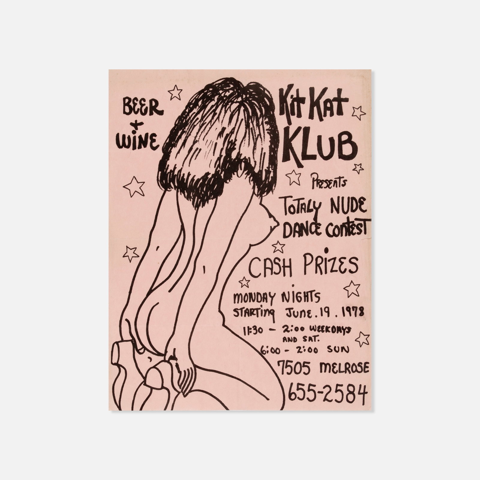 Kit Kat Klub, Totally Nude Dance Contest Flyer: Los Angeles, 1972 8 1/2" x 11" printed matter Flyer for a [totally nude dance contest] held at the Kit Kat Klub. This item is located in our Treadwell, NY warehouse. Pickup and shipping options