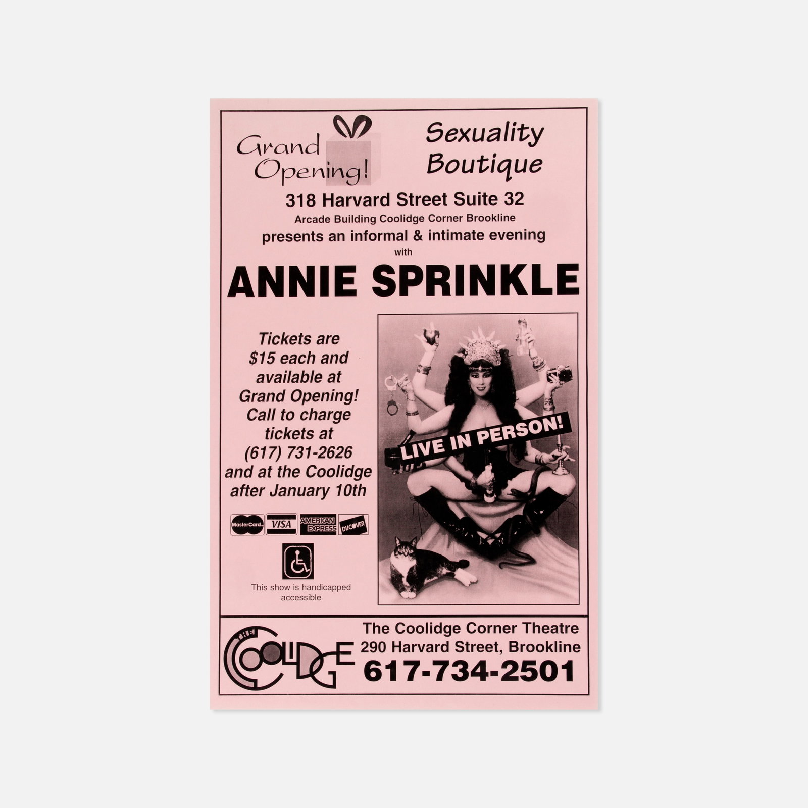 Annie Sprinkle, Sexuality Boutique Poster: USA, 1990s printed matter 17" x 10 7/8" Poster for the grand opening of Annie Sprinkle's Sexuality Boutique & Gallery at The Coolidge Corner Theatre. Annie Sprinkle (born Ellen Steinberg; American,