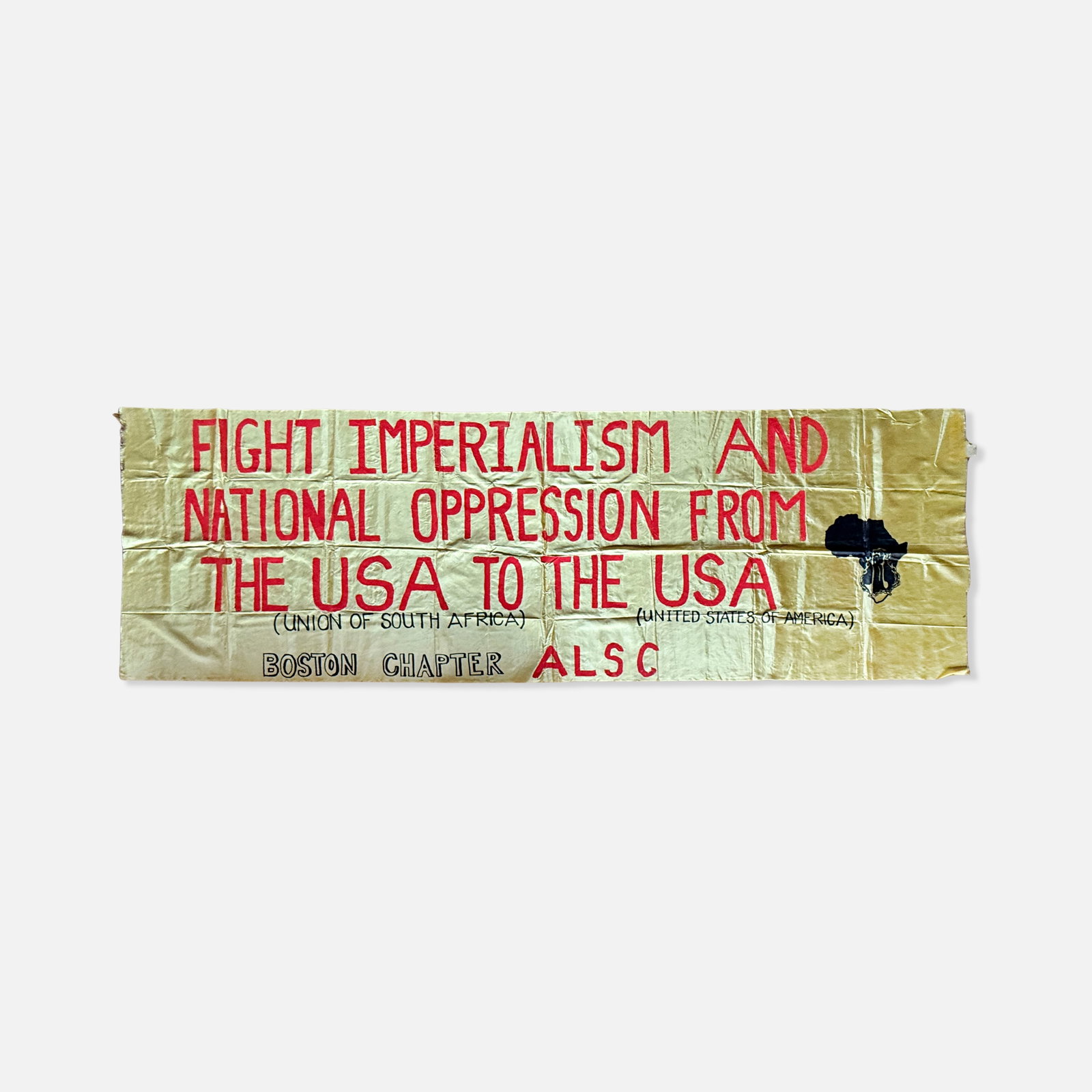 African Liberation Support Committee, Banner: USA, 1970s 140" x 44 1/4" painted silk banner Hand-painted silk banner produced for the Boston chapter of the African Liberation Support Committee (ALSC). The African Liberation Support Committee
