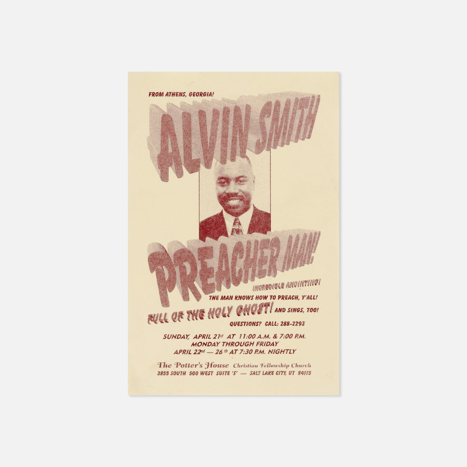 Alvin Smith, Preacher Man Flyer: USA, n.d. 8 1/2" x 5 1/2" printed matter Flyer for an Alvin Smith appearance at Christian Fellowship Church [THE MAN WHO KNOWS HOW TO PREACH, Y'ALL!]. This item is located in our Treadwell, NY warehou