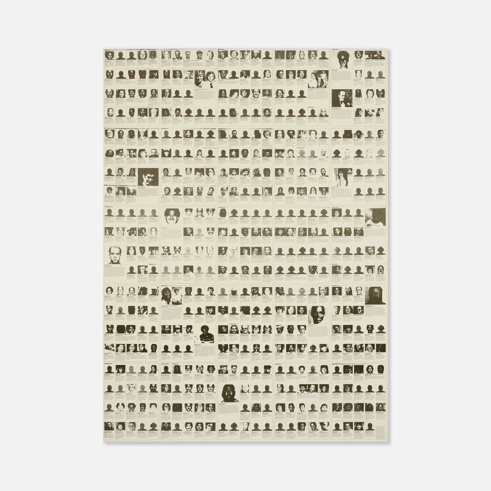 Felix Gonzales-Torres, Untitled (Death By Gun): USA, 1990 45" x 33" offset print on paper Compiling data from news records of individuals killed by firearms in the United States, produced as part of an open-ended paper stack installation titled