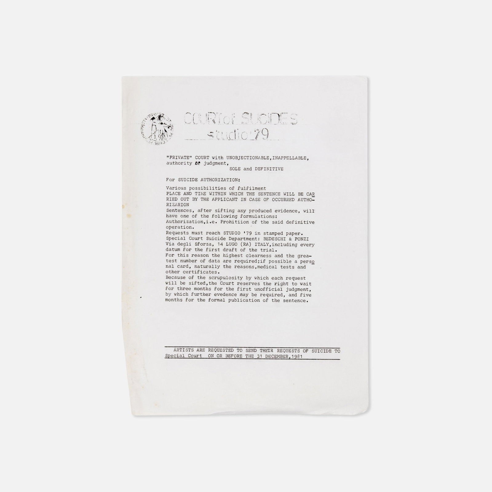 Paolo Ponzi, et al., Studio ‘79, Court of Suicides: Italy, 1981 8 1/2" x 11 3/4" printed matter Produced for the 1981 international mail art project Court of Suicides organized by the alternative artist collective Studio '79 in Lugo, Italy. Studio '79 
