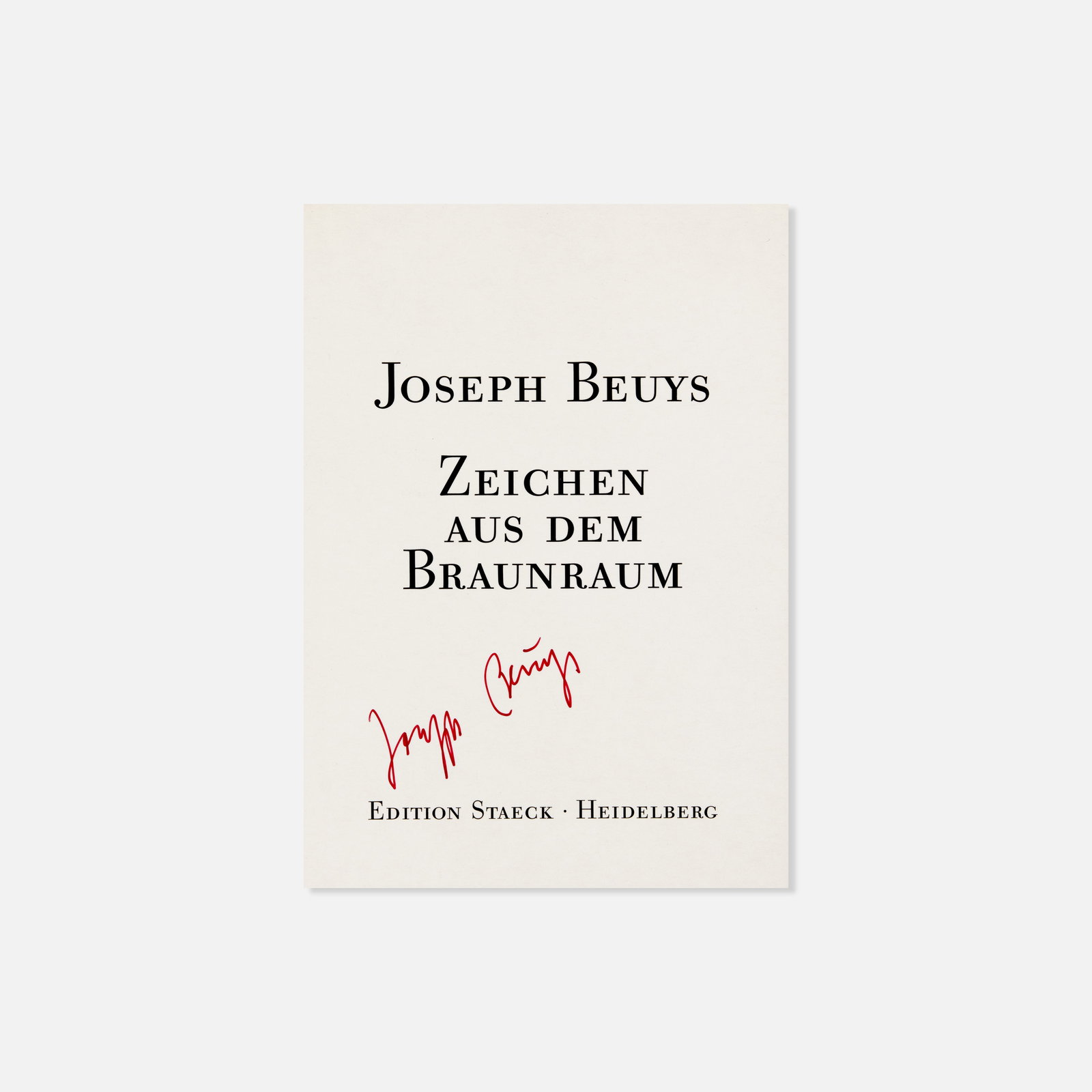 Joseph Beuys, Edition Staeck, Zeichen Aus Dem Braunraum, Signed: Germany, 1970s 5 7/8" x 4 1/4" printed matter postcards Signed in red ink to recto. Comprises a grouping of nine postcards published by Edition Staeck as a sample portfolio. This item is located in