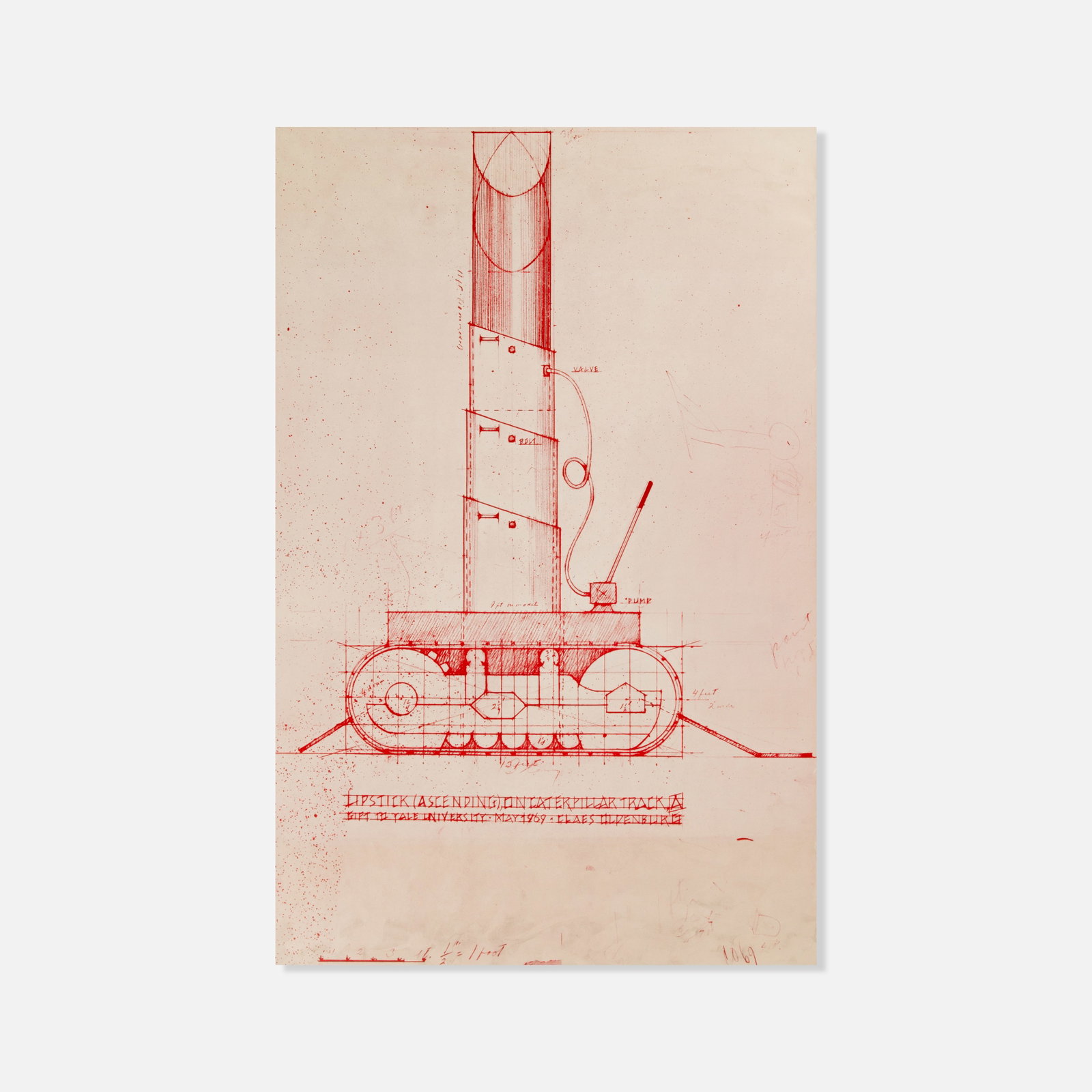 Claes Oldenberg, Lipstick (Ascending) on Caterpillar Tracks, Poster: USA, 1969 34" x 22" double-sided offset lithograph Published by architecture students at Yale University on May 15, 1969, as Novum Organum, No. 7: Special "Colossal Monument" Issue. The layout