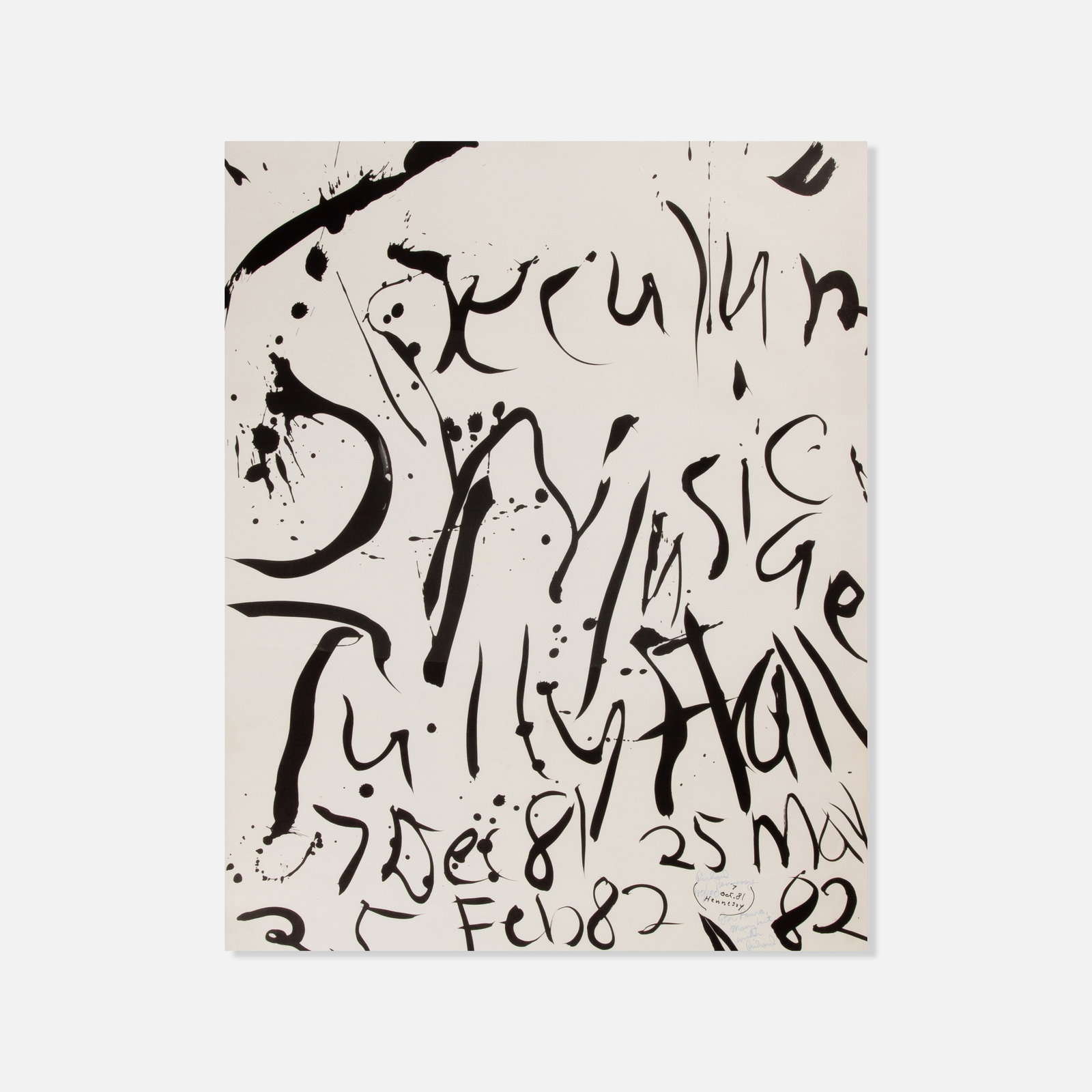 Richard Hennessy, Speculum Musicae Poster, Signed: USA, 1982 28" x 22 1/4" offset print Numbered 190/190, dedicated and signed in blue ink along the lower right recto margin. Produced for a performance by the contemporary classical ensemble Speculum