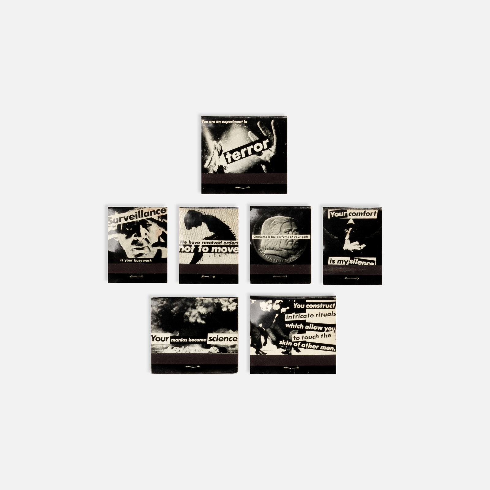 Barbara Kruger, Seven Matchbooks: USA, 1986 2 1/8" x 2" (largest) offset lithographic matchbooks Rare Barbara Kruger matchbooks published by the Hoffman Gallery, in Chicago, also available at the Colab Store at the Barbara Gladstone G