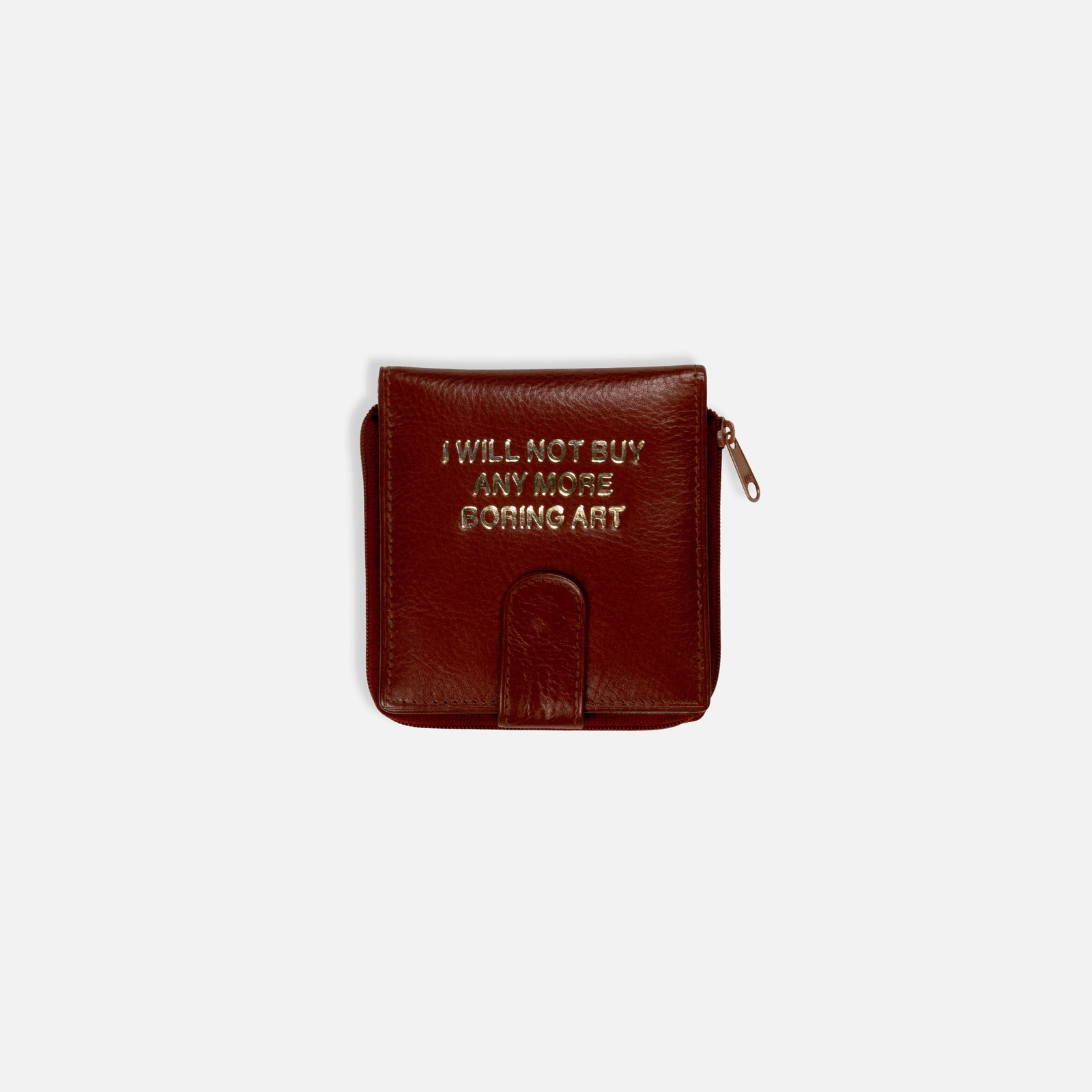 John Baldessari, I Will Not Buy Any More Boring Art Wallet: USA, 1998 4 1/8" x 3 7/8" gold foil imprint on leather wallet multiple Co-published by Sonnabend Sundell Editions in 1998. This item is located in our Treadwell, NY warehouse. Pickup and shipping