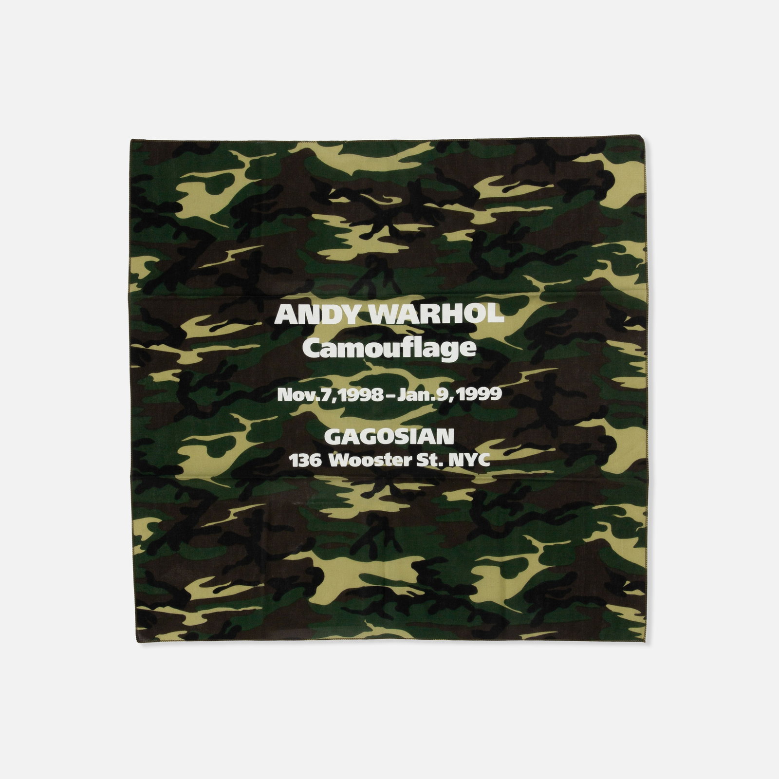 Andy Warhol, Gagosian, Camouflage Bandana Invite: USA, 1998 21 1/4" x 21 5/8" printed fabric Invitation to Andy Warhol: Camouflage Paintings at Gagosian. This item is located in our Treadwell, NY warehouse. Pickup and shipping options available upon
