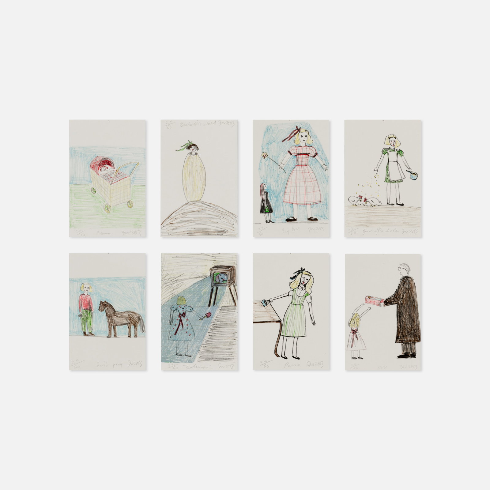 Jenny Watson, Child’s Play Portfolio: Australia/New Zealand, 2003 10 1/8" x 6 5/8" (each print) stone lithographs on paper Initialed and dated on the blue tissue paper wrapping, with each of the eight individual prints signed, titled,