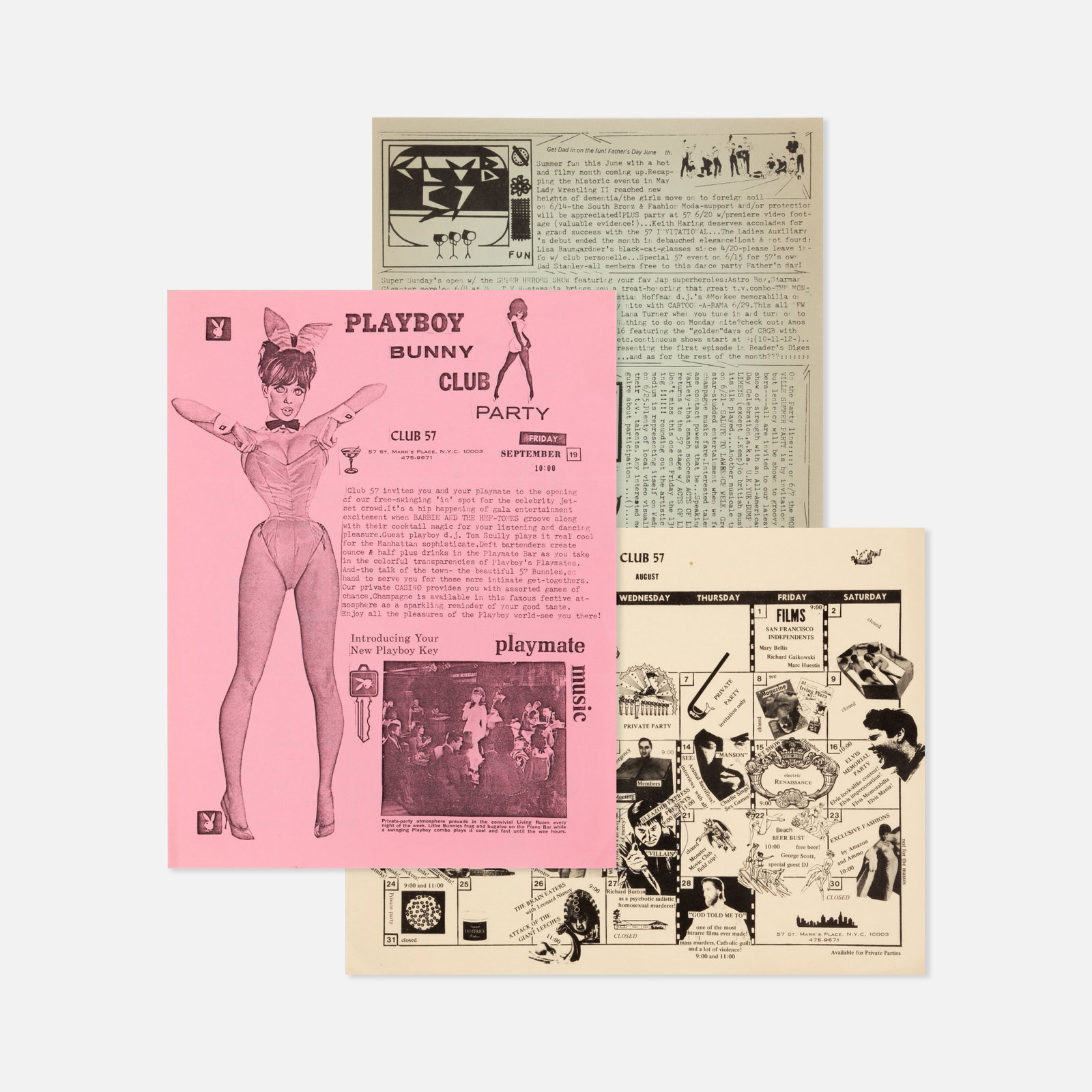Club 57, Program, Calendar, and Flyer: USA, 1980 8 1/2" x 11" each offset prints on colored paper Collection of Club 57 ephemera, including a calendar and programming recap from 1980 referencing Keith Haring's "57 Invitational" and Lisa