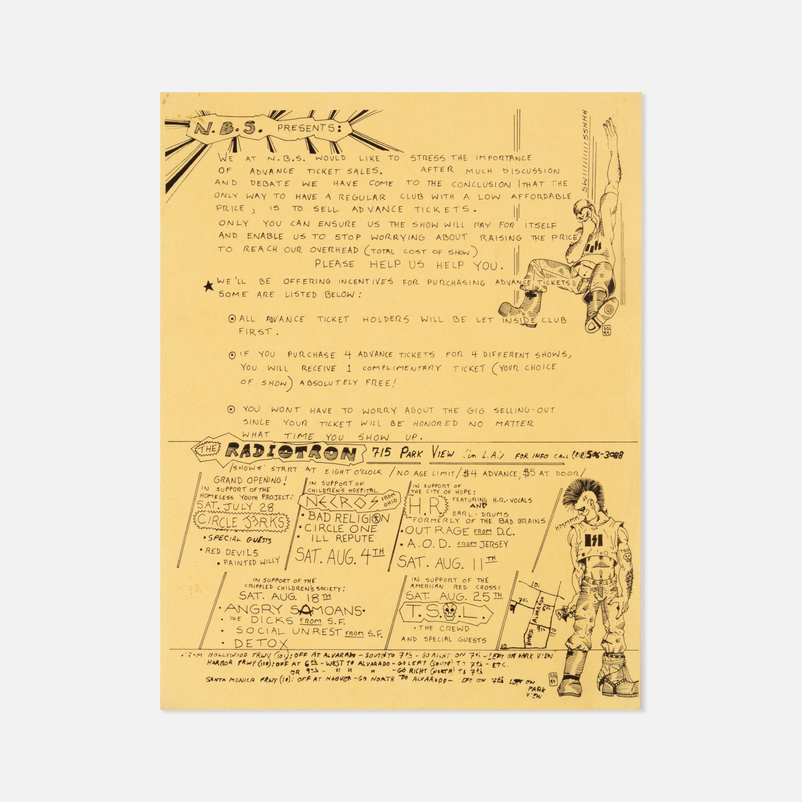 N.B.S., The Radiotron, Grand Opening Flyer: USA, 1984 8 1/2" x 11" offset print on colored paper Flyer promoting the grand opening concert series at The Radiotron in Los Angeles, California in 1984, with performances by the Circle Jerks, Bad Re
