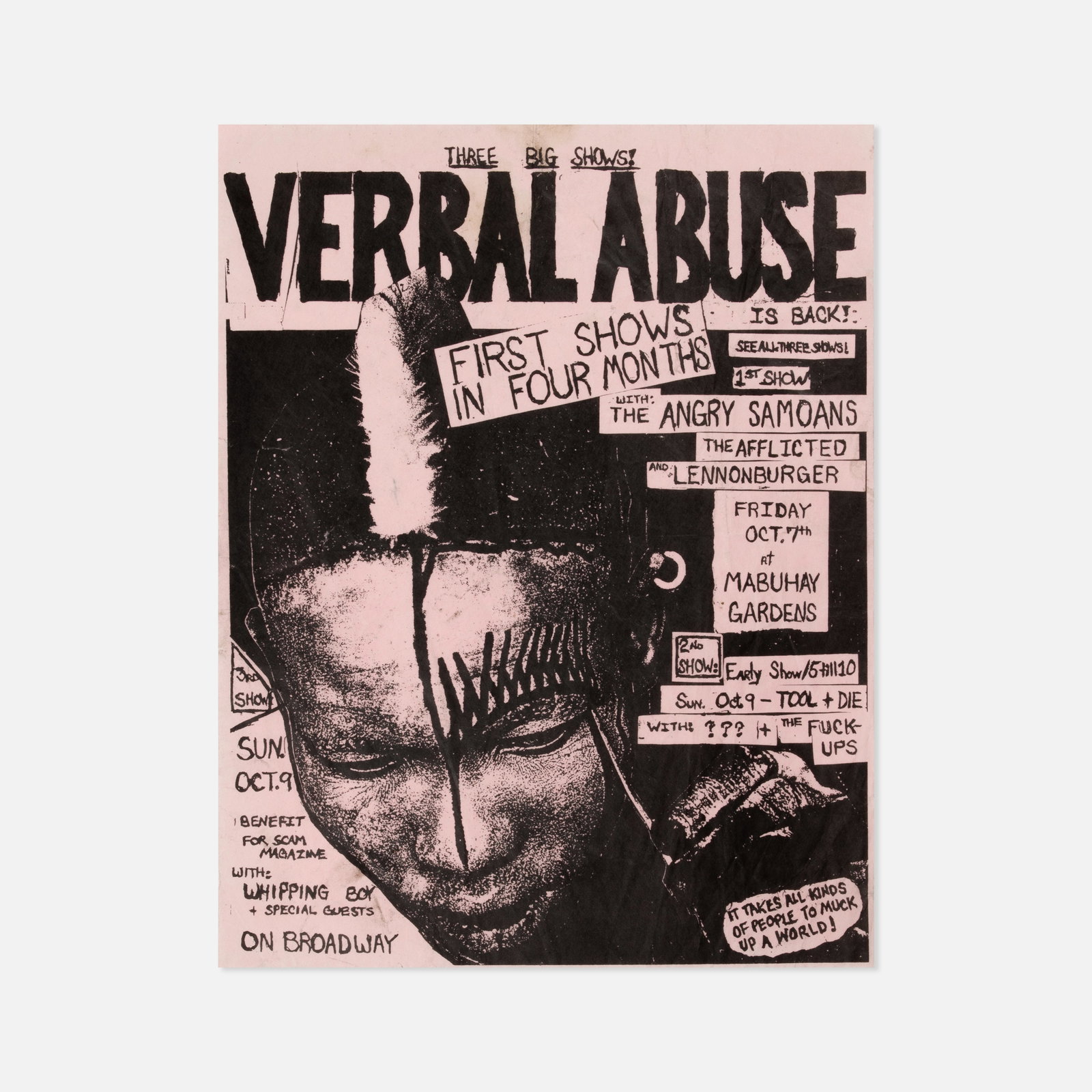 Verbal Abuse, Angry Samoans, et al., Flyer: USA, 1983 8 1/2" x 11" offset print on colored paper Flyer promoting a three-date concert series at the Mabuhay Gardens in San Francisco, California in 1983, with performances by Verbal Abuse, the Ang