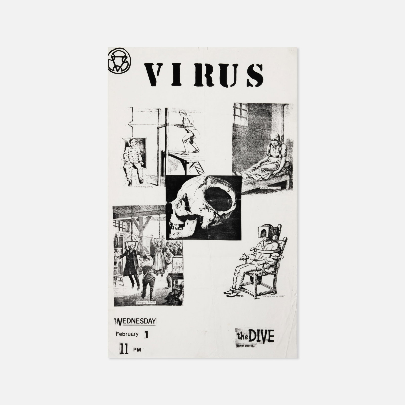 Virus, at The Dive Poster: USA, 1984 14" x 8 1/2" offset print Poster promoting a performance by Virus at The Dive in New York City on Wednesday, February 1, 1984.