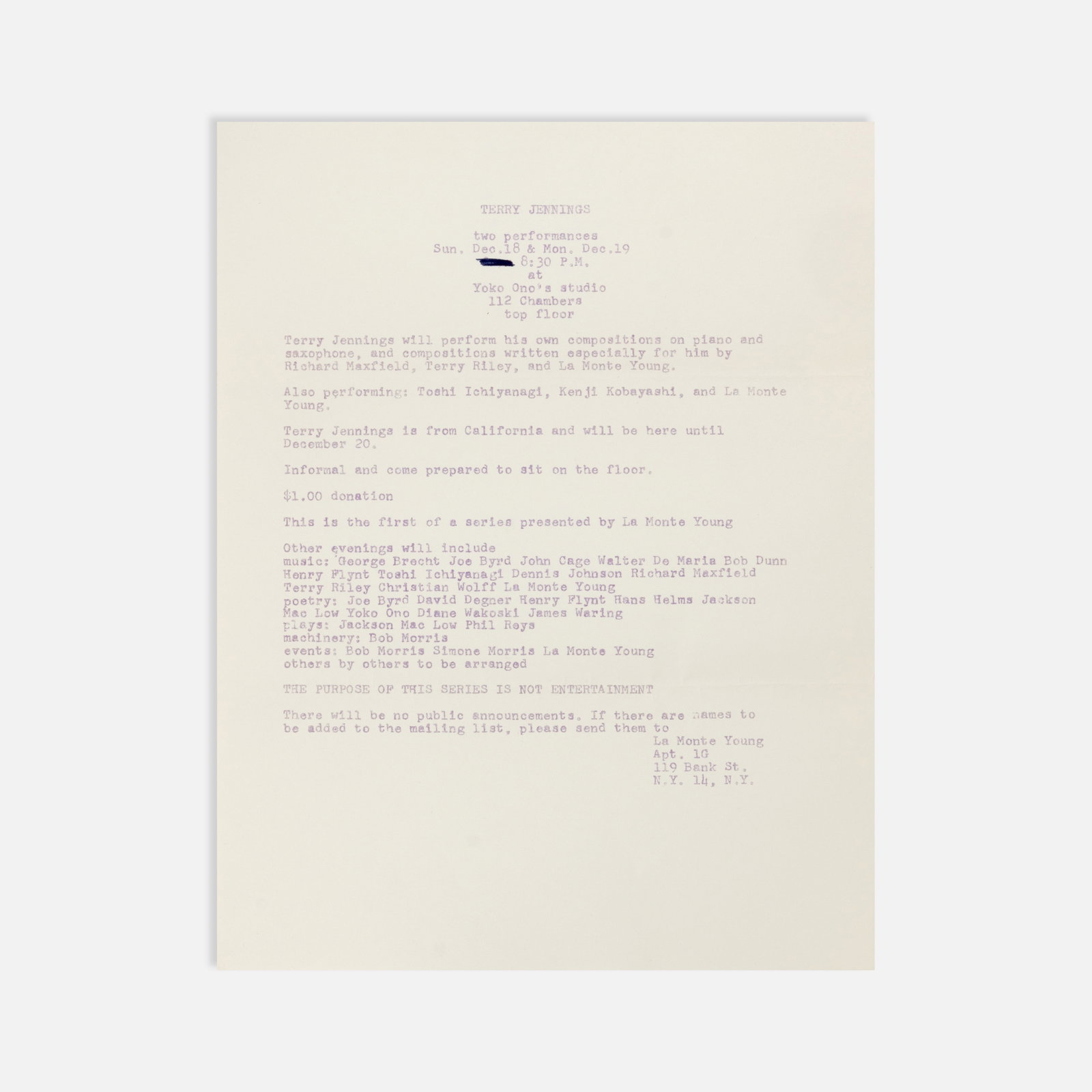 Terry Jennings, La Monte Young, Flyer (1 of 1)