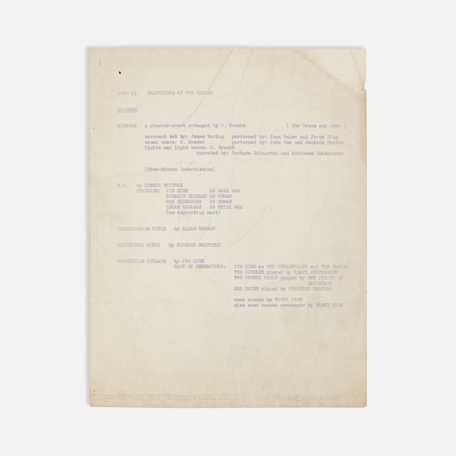 George Brecht, Robert Whitman, Allan Kaprow, et al., Reuben Gallery, Program (1 of 1)