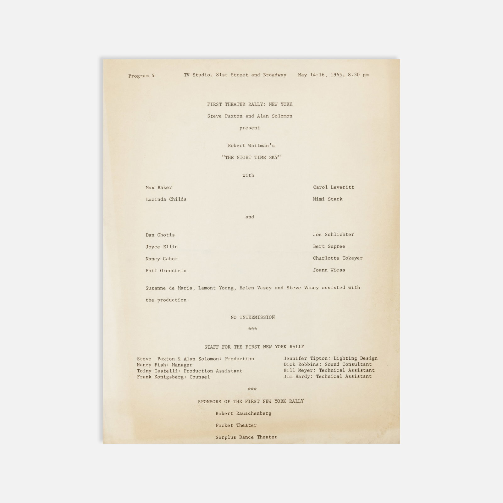 Robert Whitman, Steve Paxton, Alan Solomon, First New York Theatre Rally, Program: New York, 1965 11" x 8 1/2" mimeograph Program for Robert Whitman’s The Night Time Sky, presented May 14–16 as part of the First New York Theatre Rally, organized by Steve Paxton and Alan Solomon.