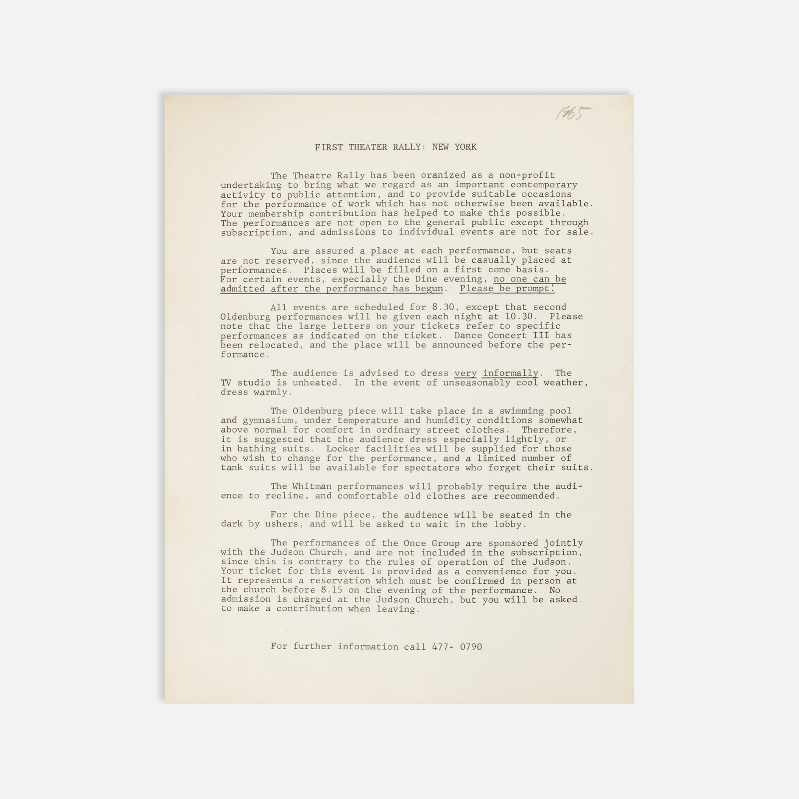 Robert Whitman, Jim Dine, The Once Group, et al., The First New York Theatre Rally, Flyer: New York, 1965 11" x 8 1/2" offset print Flyer introducing the performers of the First New York Theatre Rally and preparing audience expectations, including instructions on what to wear and how seatin