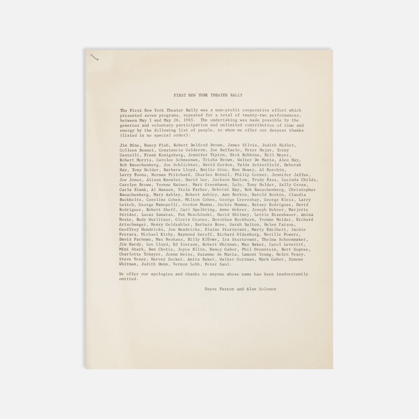 Steve Paxton and Alan Solomon, First New York Theater Rally, Acknowledgments Statement (1 of 1)