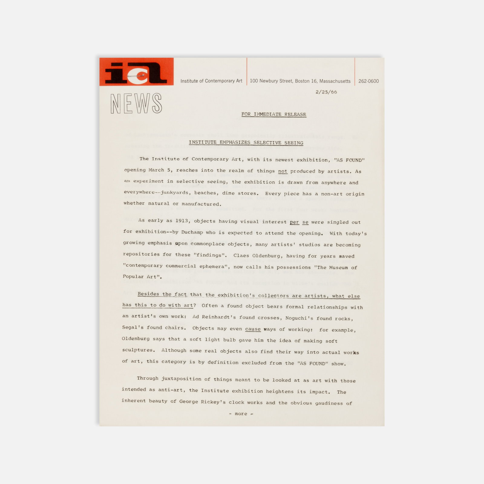 Institute of Contemporary Art, As Found, Press Release: Boston, 1966 11" x 8 1/2" offset and mimeograph Press release for As Found at the Institute of Contemporary Art, Boston, opening March 5, 1966, headed “Institute Emphasizes Selective Seeing.”