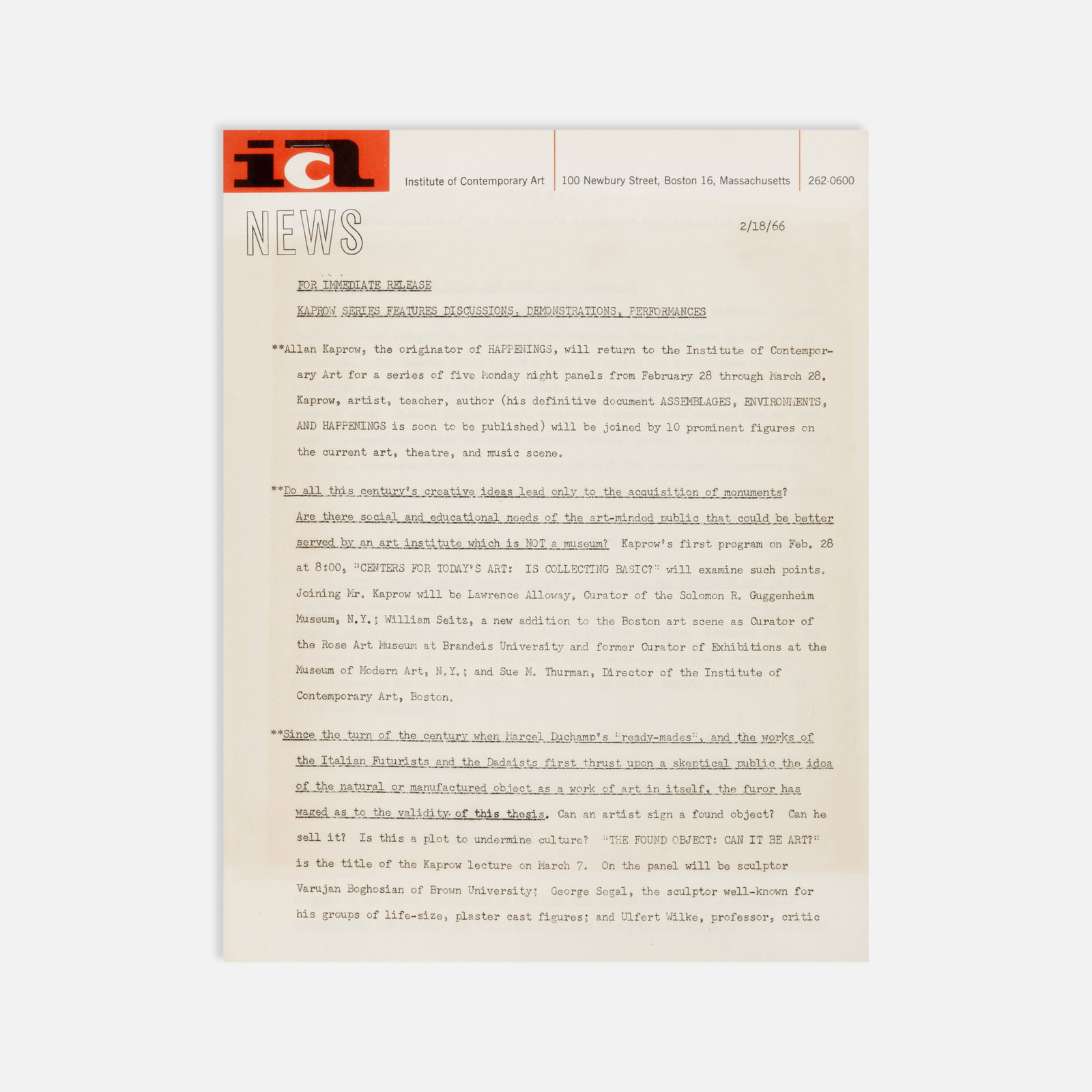 Allan Kaprow, Institute of Contemporary Art, Press Release: Boston, 1966 11" x 8 1/2" offset and mimeograph Press release for a series of five discussion panels with Allan Kaprow at the Institute of Contemporary Art, Boston, on subjects including collecting,