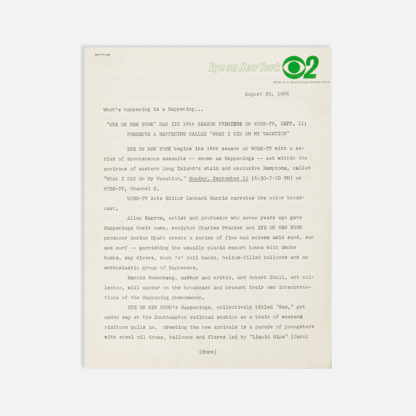Allan Kaprow, WCBS, What’s Happening is a Happening: New York, 1966 11" x 8 1/2" offset and mimeograph Press release for the season premiere of Eye on New York on September 11, 1966, featuring Allan Kaprow’s Happenings and identifying him as an