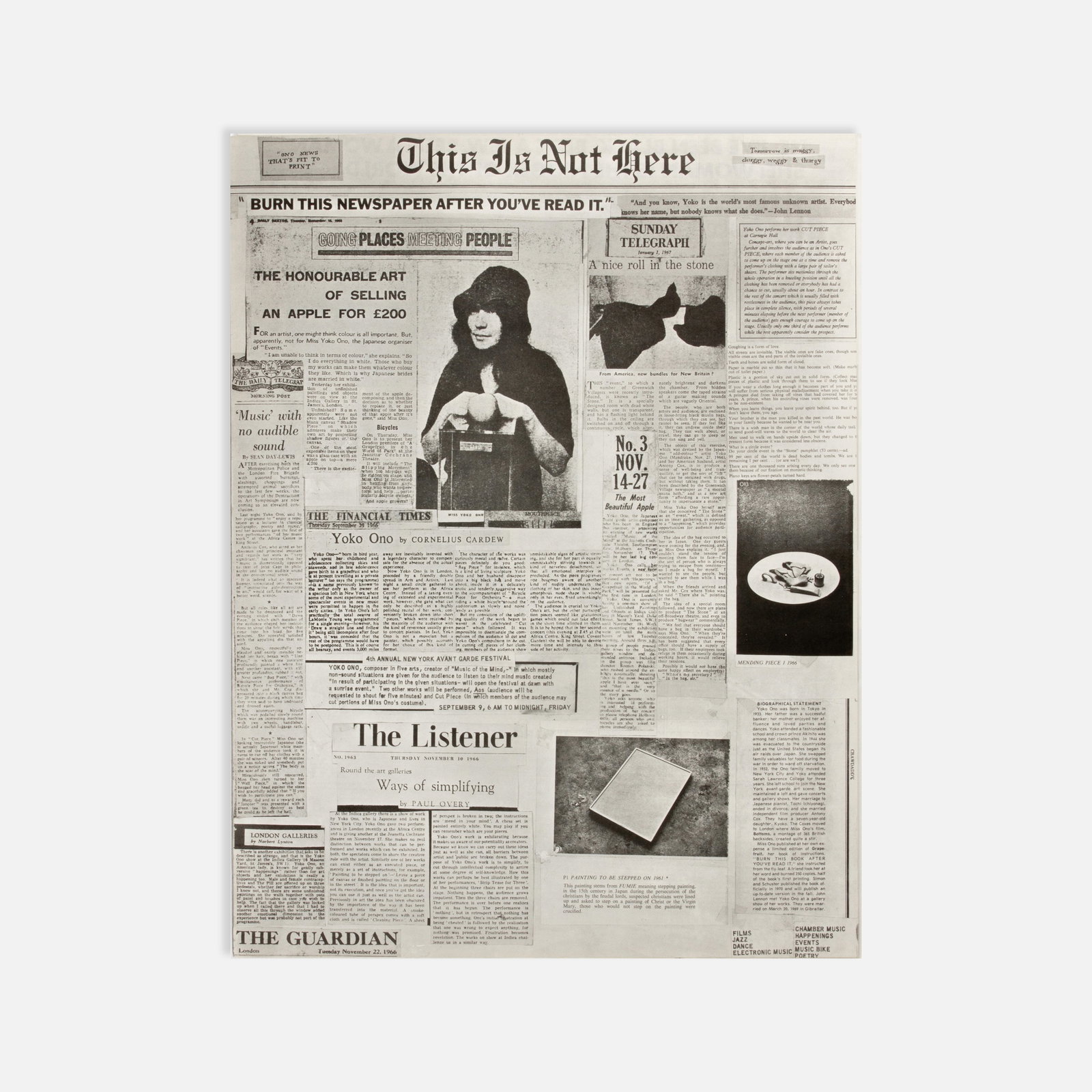 Yoko Ono and John Lennon, Everson Museum of Art, This Is Not Here, Exhibition Catalog: Syracuse, 1971 22" x 16 1/2" offset print Exhibition catalog for Yoko Ono’s This Is Not Here at the Everson Museum of Art, October 1971. Unbound folio, [12] pp., reproducing the exhibition poster on