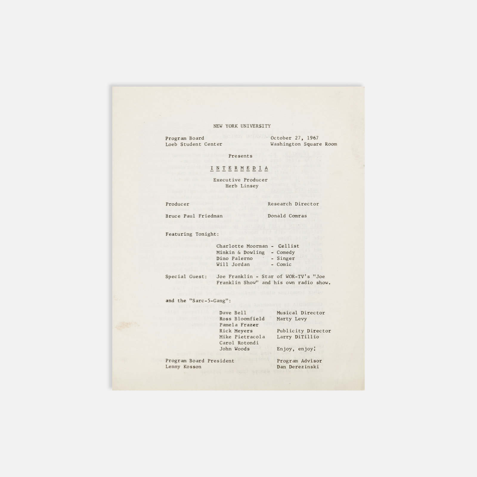 Charlotte Moorman, New York University, Intermedia, Program: New York, 1967 14" x 8 1/2" offset print Program for an October 27, 1967 Intermedia event at New York University, featuring a cello performance by Charlotte Moorman among other comedic and musical