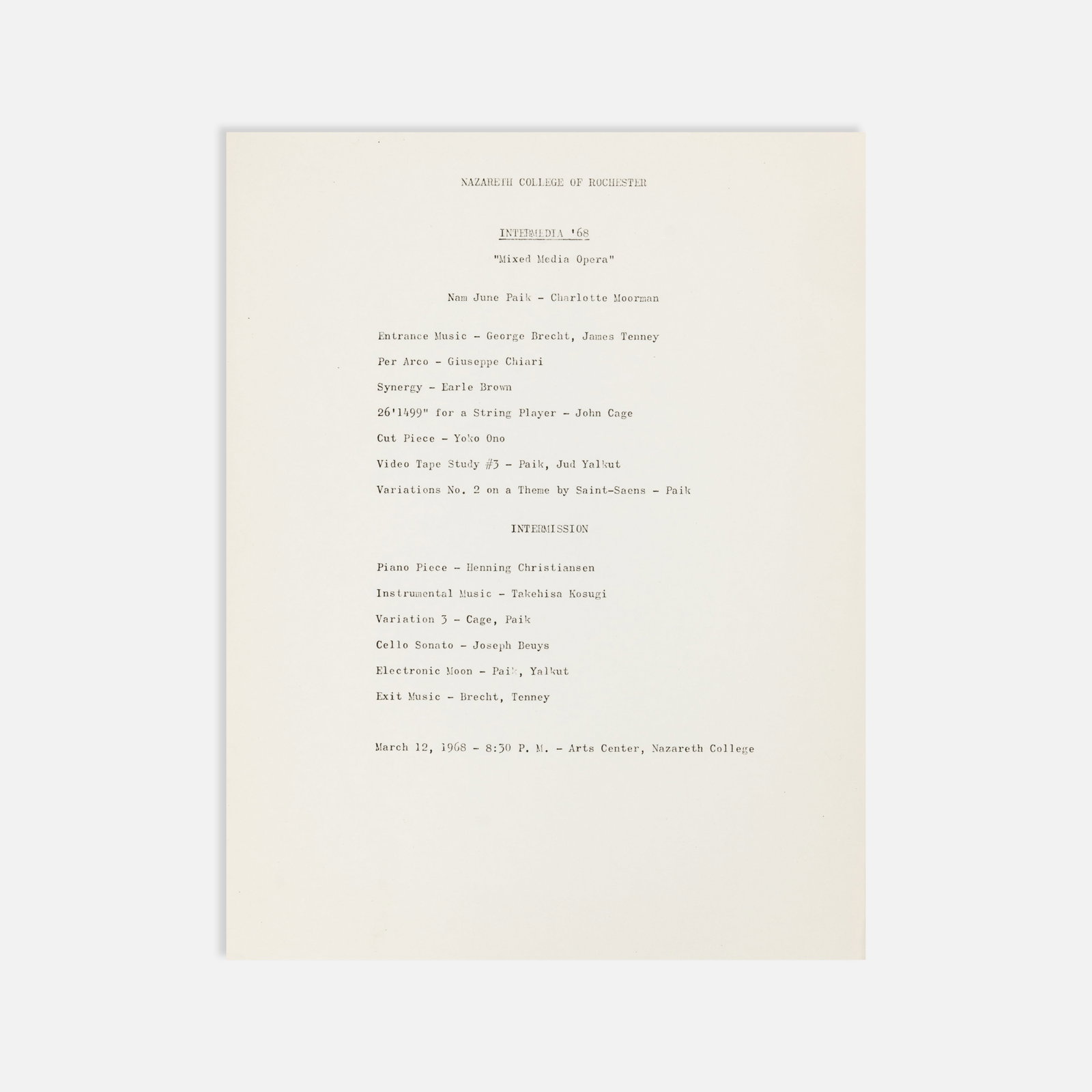 Charlotte Moorman, Naim June Paik, Intermedia 68, Program (1 of 1)