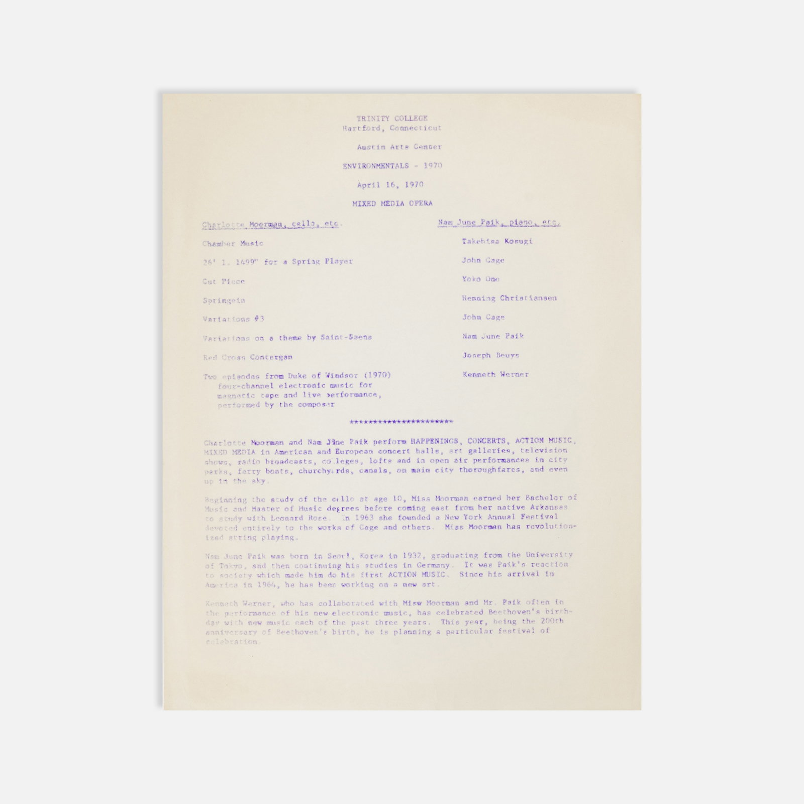 Charlotte Moorman, Nam June Paik, Mixed Media Opera, Program (1 of 1)