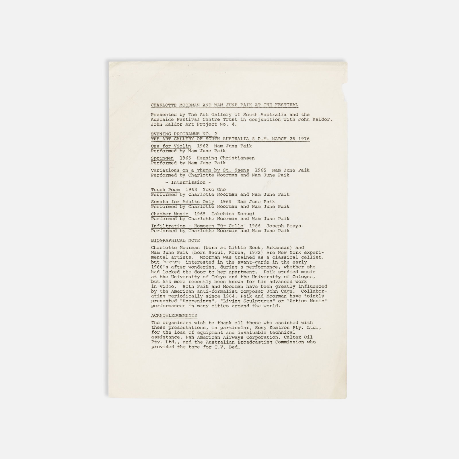 Charlotte Moorman, Nam June Paik, The Adelaide Festival, Program: Adelaide, 1976 11 3/4" x 8 1/2" offset print Program for Evening Programme No. 2 at the Art Gallery of South Australia, featuring Nam June Paik and Charlotte Moorman performing works by Paik, as well