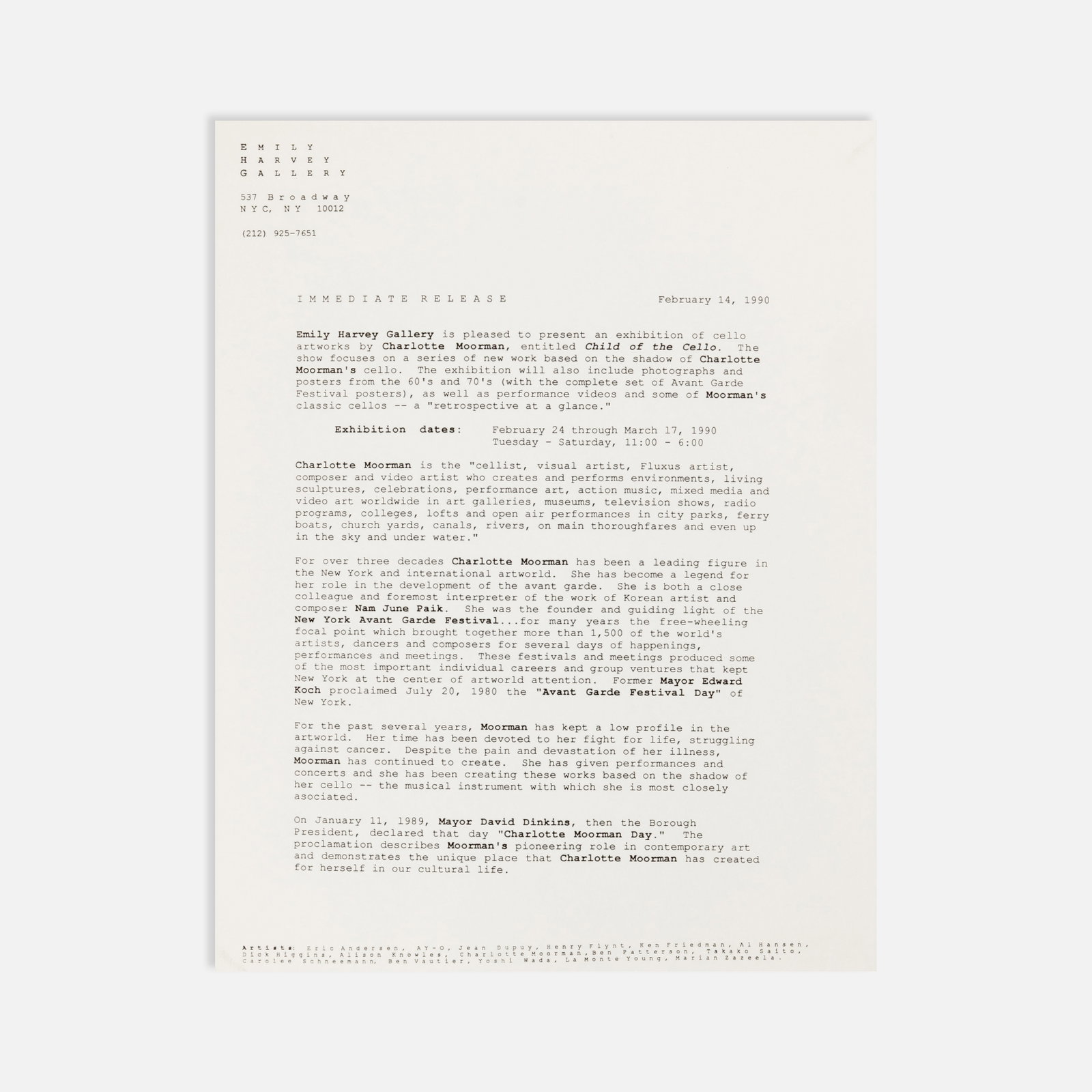 Charlotte Moorman, Emily Harvey Gallery, Child of the Cello, Press Release (1 of 1)